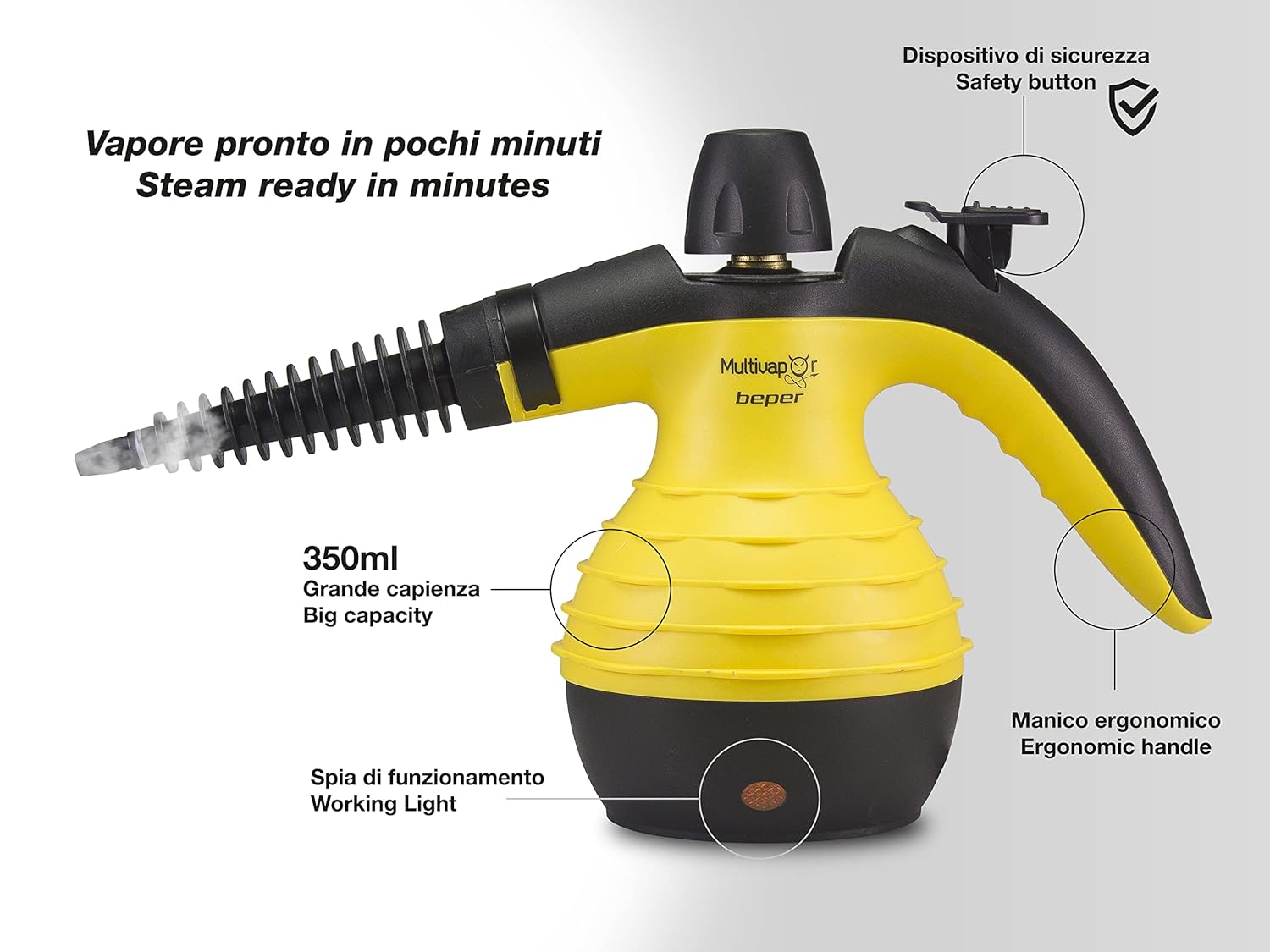 Various applications of the BEPER 50.700 Steam Cleaner, including cleaning a sink, window, countertop, and carpet.