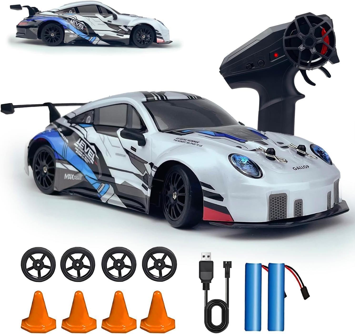 HTURCCOP RC Drift Car 2.4GHz 1:24 Scale 4WD High Speed Remote Control Cars Vehicle with LED Lights Two Batteries and Drifting Tires Racing Sport Toy Cars for Adults Boys Girls Kids