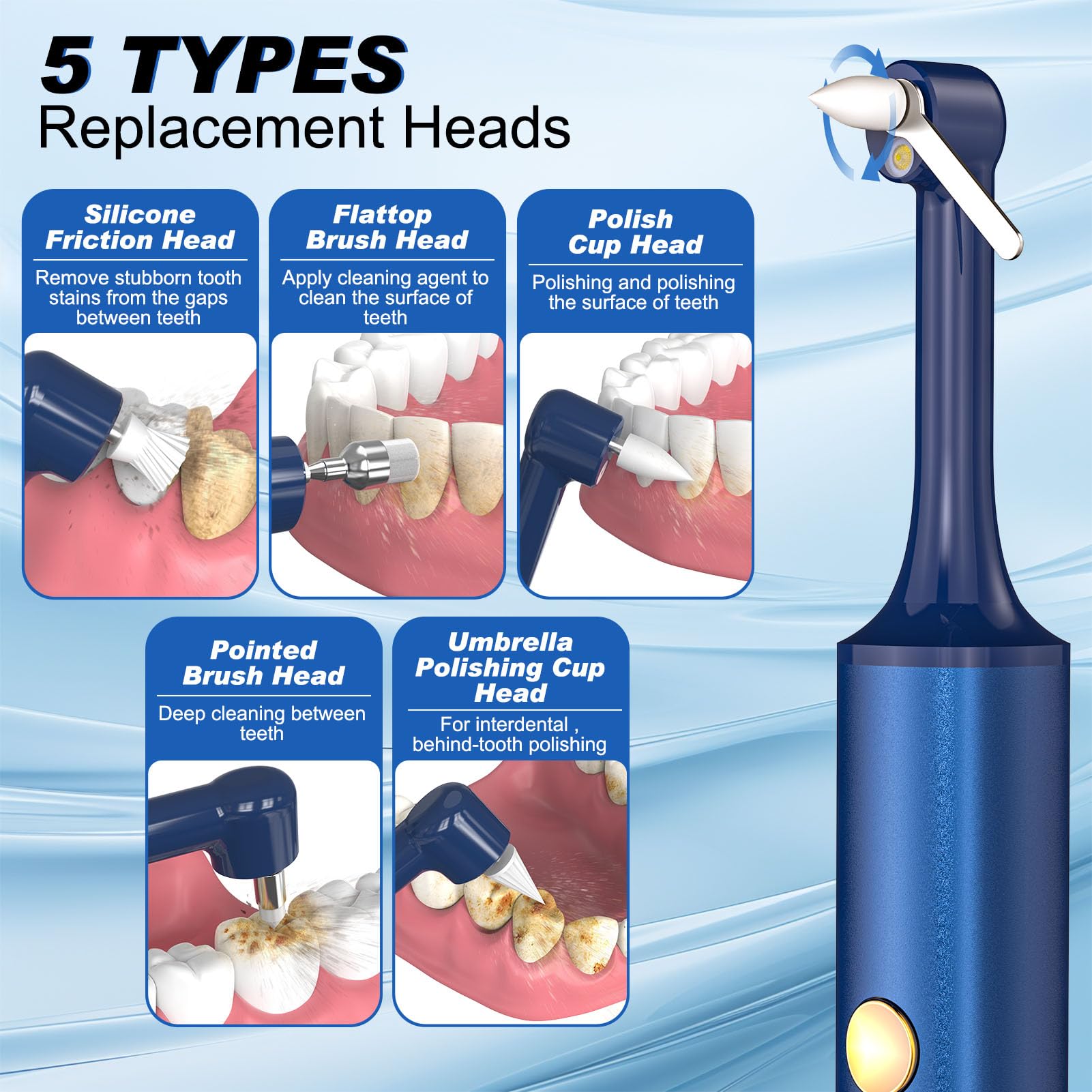 Pulidor de dientes, kit de blanqueamiento dental con 5 cabezales, kit de limpieza de dientes multifuncional para limpieza diaria y blanqueamiento de dientes para personas/mascotas, carga USB, 3 modos