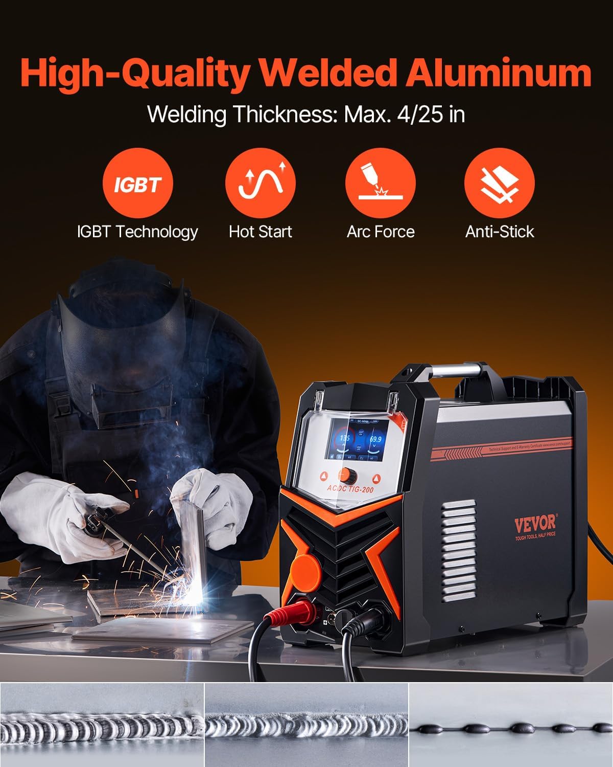 VEVOR TIG Welder, 200A 6-In-1 Aluminum Welding Machine (LED Display) - AC TIG/DC TIG/AC Pulse TIG/DC Pulse TIG/Spot TIG/MMA(Stick), 110&220V Dual Voltage Electric Welder with Synergic Control IGBT