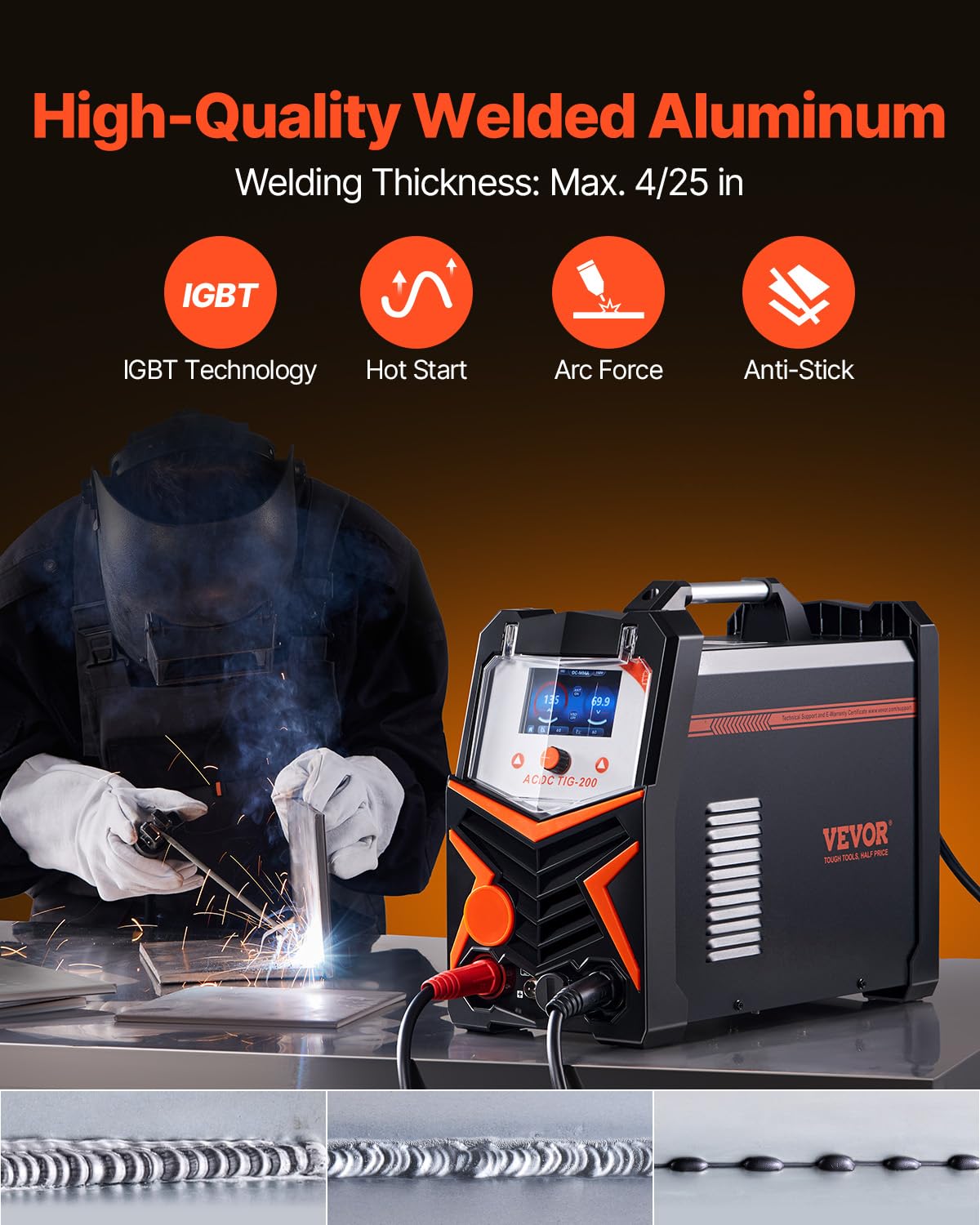 VEVOR Poste à Souder TIG, 200 A, Machine de Soudage Aluminium 6 en 1, Écran Affichage LED, TIG AC/DC/AC Pulsé/DC Pulsé/par Points, MMA à l'Électrode, Soudeur Électrique avec Contrôle Synergique IGBT