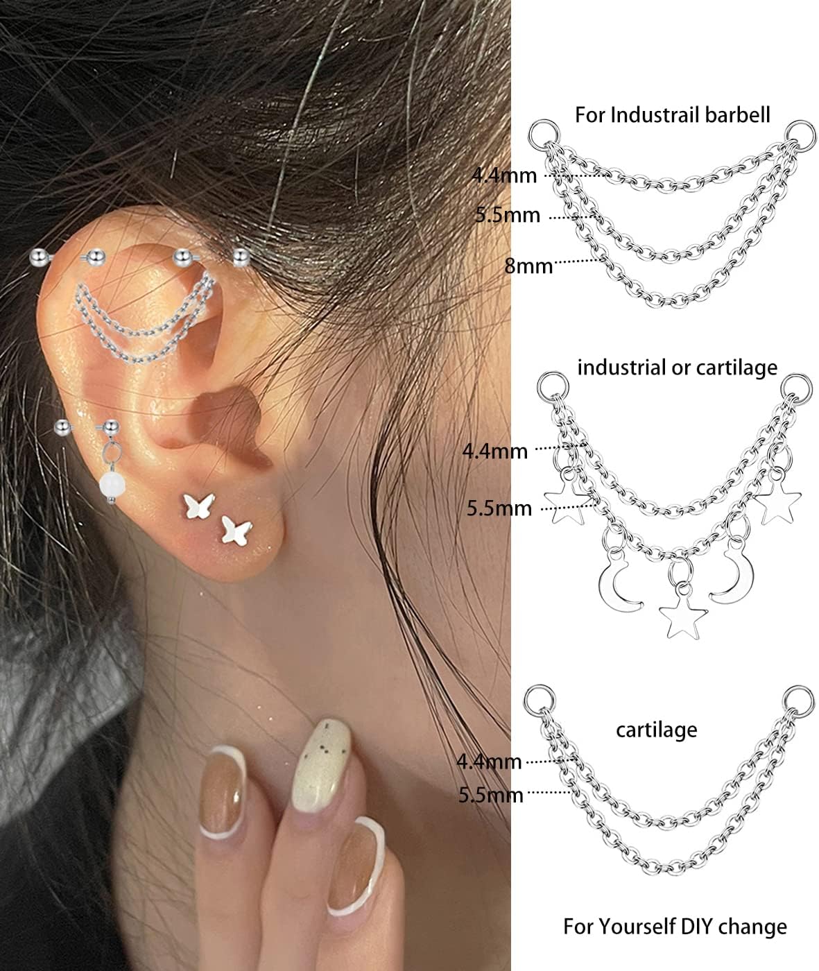 TIANCI FBYJS 9-16pcs 14G Industrial Piercing Stainless Steel Industrial Earrings Barbell with Chain Dangle for Women Men Cartilage Stud Industrial Piercing Jewelry 1 1/2 Inch 38mm