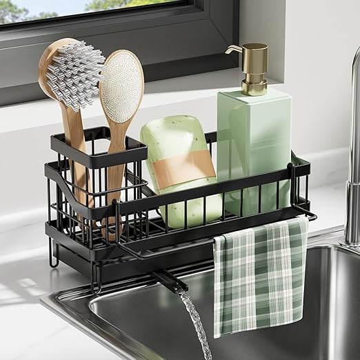 Sponge Holder for Kitchen Sink Organizer, Sink Caddy with High Brush Holder, Rustproof and Non-slip, Soap Dispenser Kitchen Organizers and Storage Essentials (Black)