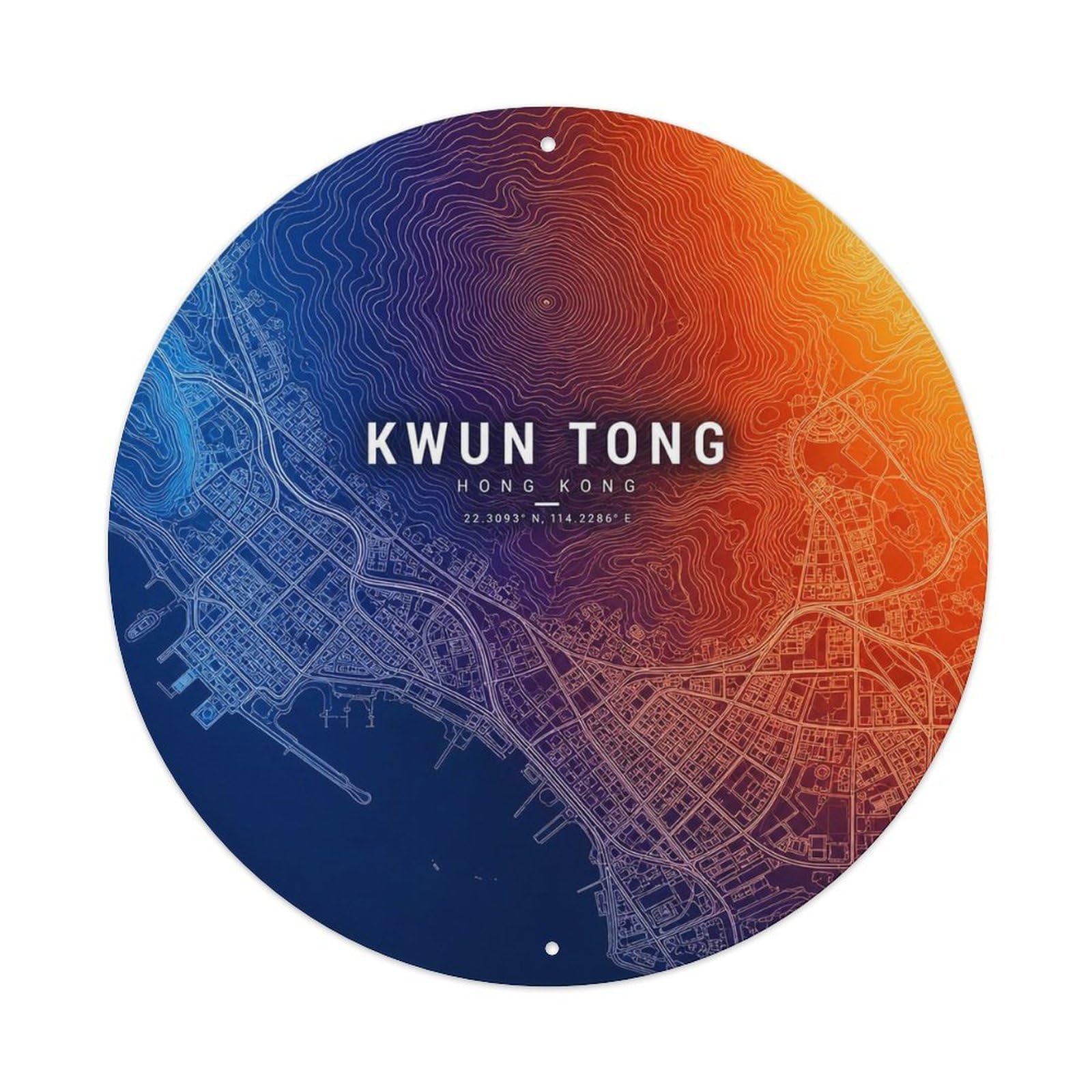 Odgynaw 8X8inch(20X20cm) Kwun Tong Hong Kong Contour Grid Map Urban District Metal Tin Sign