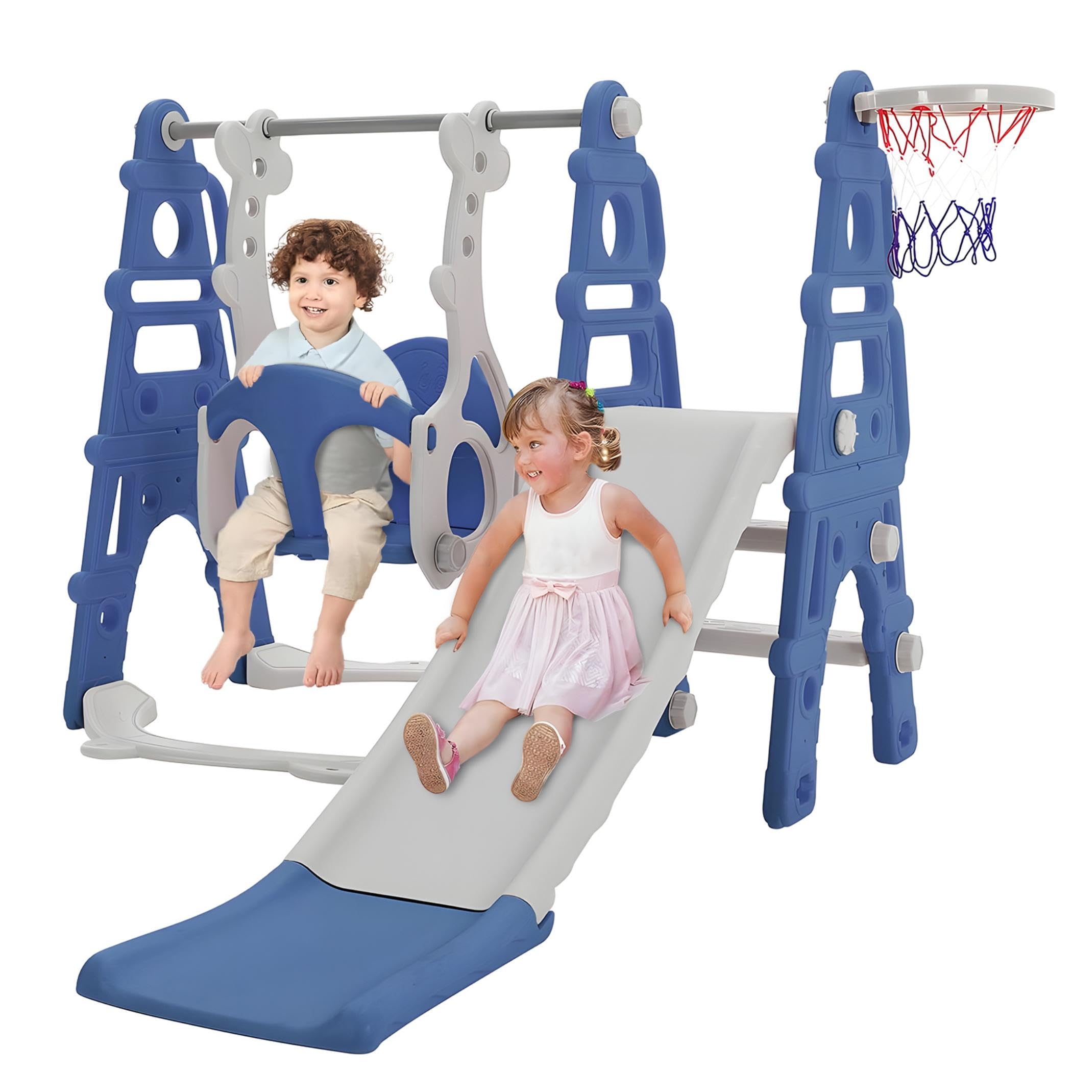 FUKEA Kids Slide, Large 4 in 1 Toddler Slide, Climber & Swing Set with Basketball Hoop, Garden Climbing Frames, Slide for Children Age 1-3 Indoor & Outdoor, for Kids (blue)