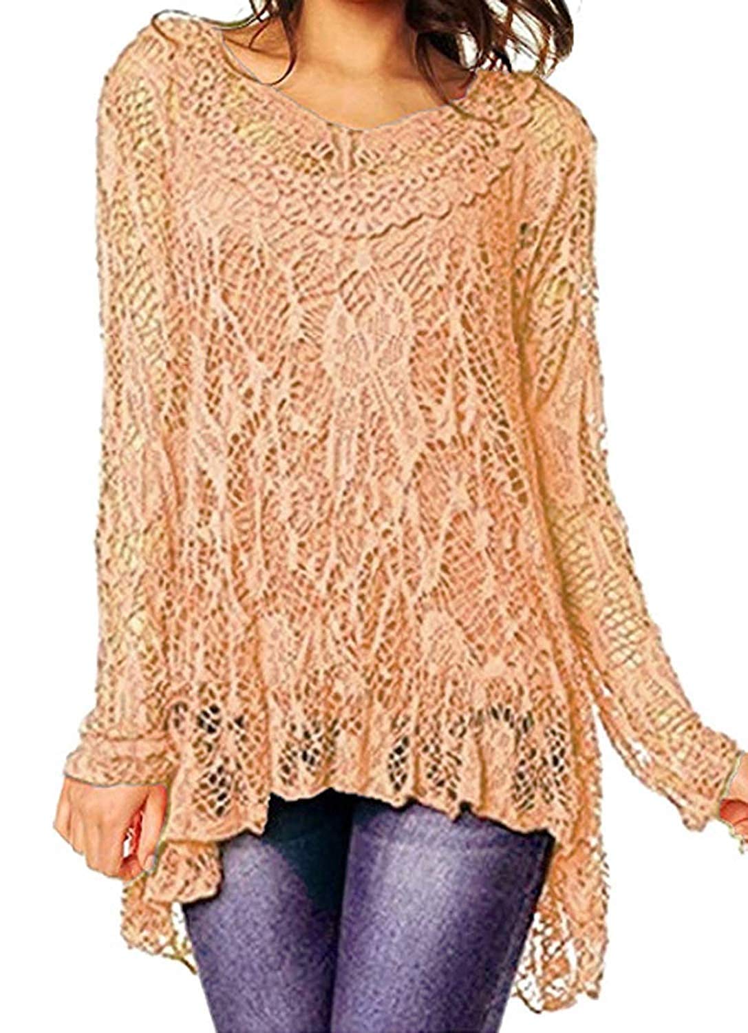 R33 New Womens Ladies Dip Hem Crochet Mesh Tunic Plus Size Dress Vest TwinTop Peach