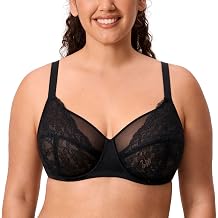 DELIMIRA Women's Lace Full Coverage Bra Plus Size Underwire Unlined Sheer Mesh Sexy No Padding Bras
