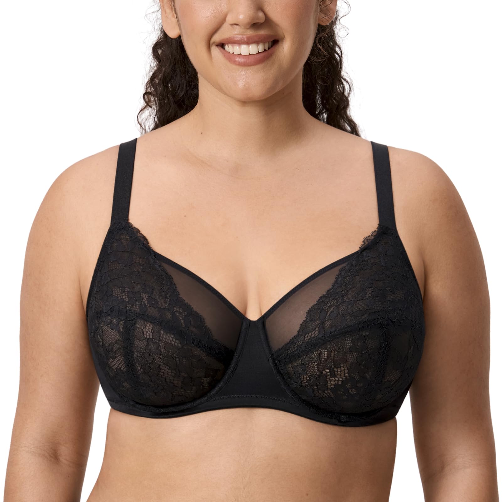 DELIMIRA Women's Lace Bra Plus Size Full Coverage Underwired Unlined Bras Black 44H
