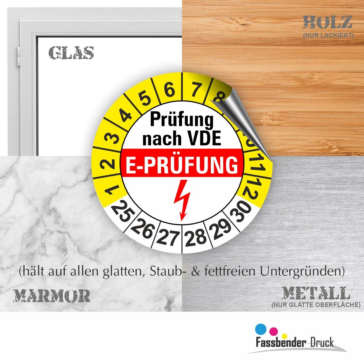 Hochwertige Prüfetiketten E-PRÜFUNG Ø 20mm - Selbstklebende PVC-Folie - Wartungsetiketten für Prüfung - Prüfplakette für Prüfungsnachweis (500 Stück)