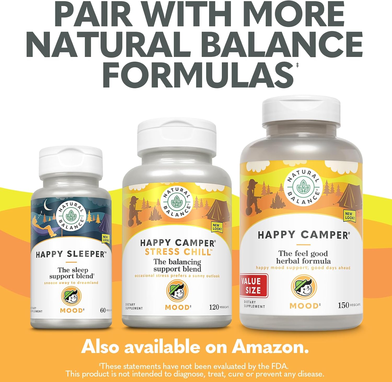 Natural Balance Happy Camper - Feel-Good Mood Support Supplement - Gotu Kola, Passion Flower, and Kava Kava Capsules - 60-Day Guarantee - 75 Servings, 150 VegCaps