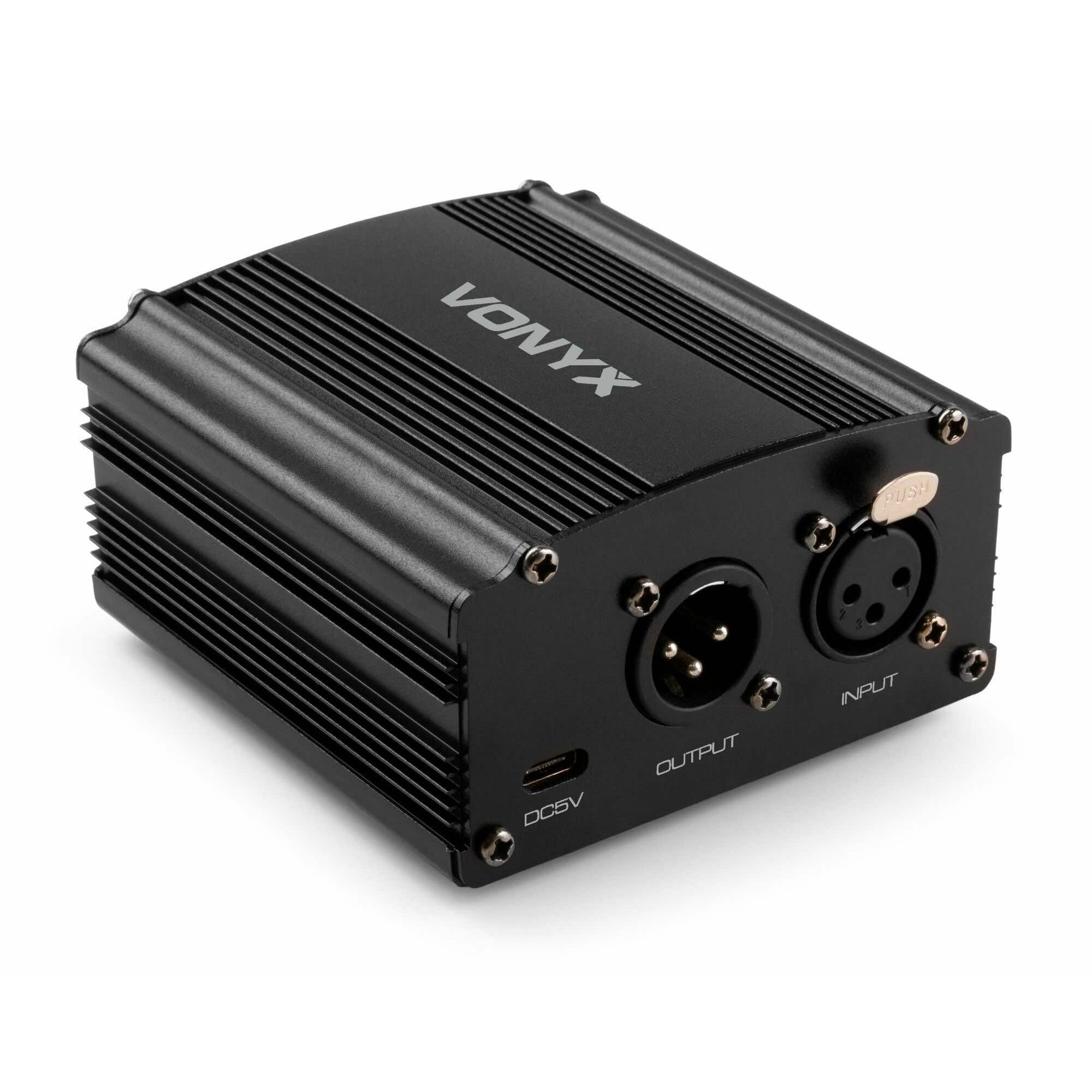 Vonyx VDX10 - Fuente de alimentación Phantom de 48 V para micrófono de Condensador, alimentación por USB-C, Entrada y Salida XLR balanceadas, compatibilidad Universal, Color Negro