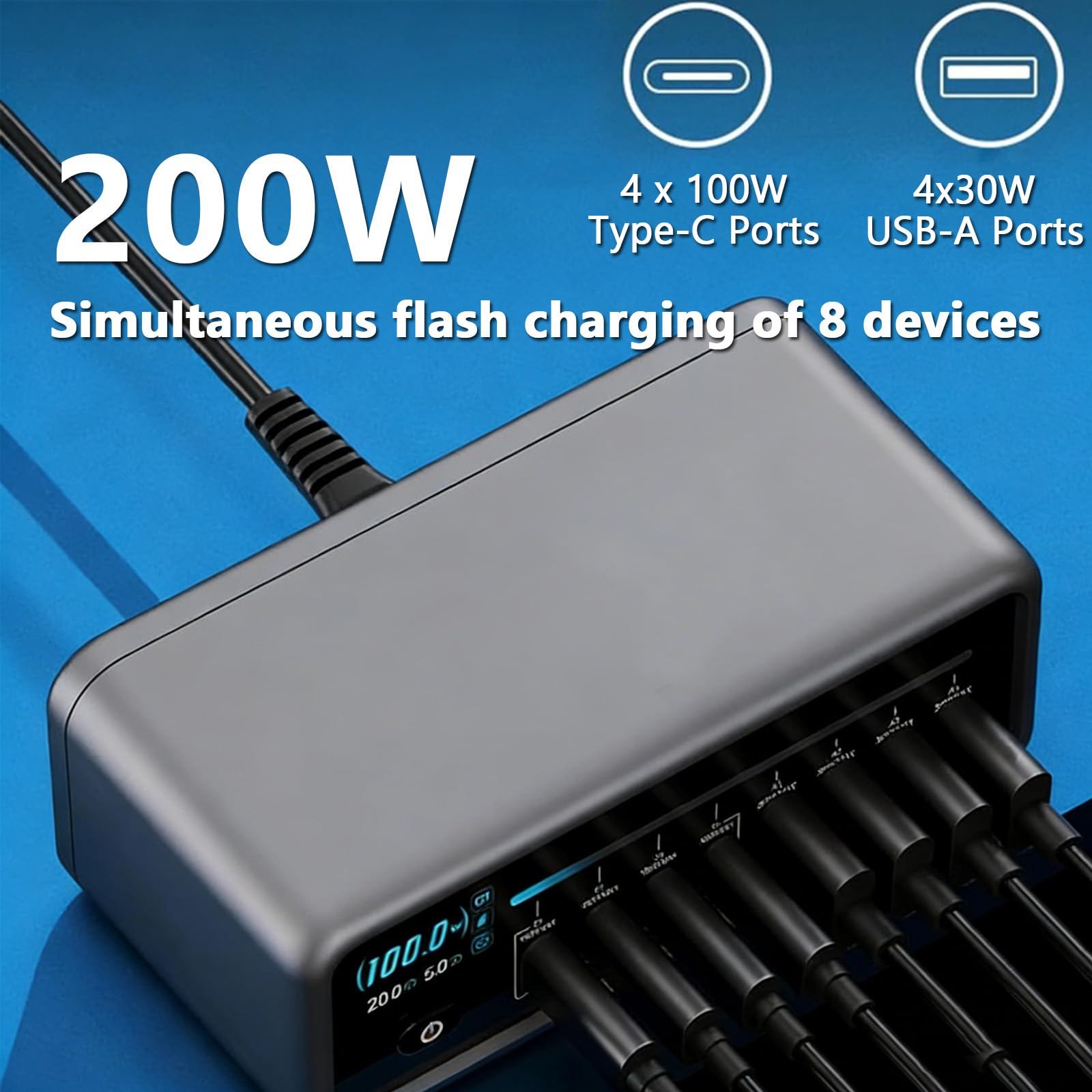 Ładowarka USB-C 200 W, 8-portowa stacja ładująca, wiele portów USB, wyświetlacz LCD, z 4 portami USB-C 100 W i 4 portami USB-A 30 W, do laptopa/telefonu