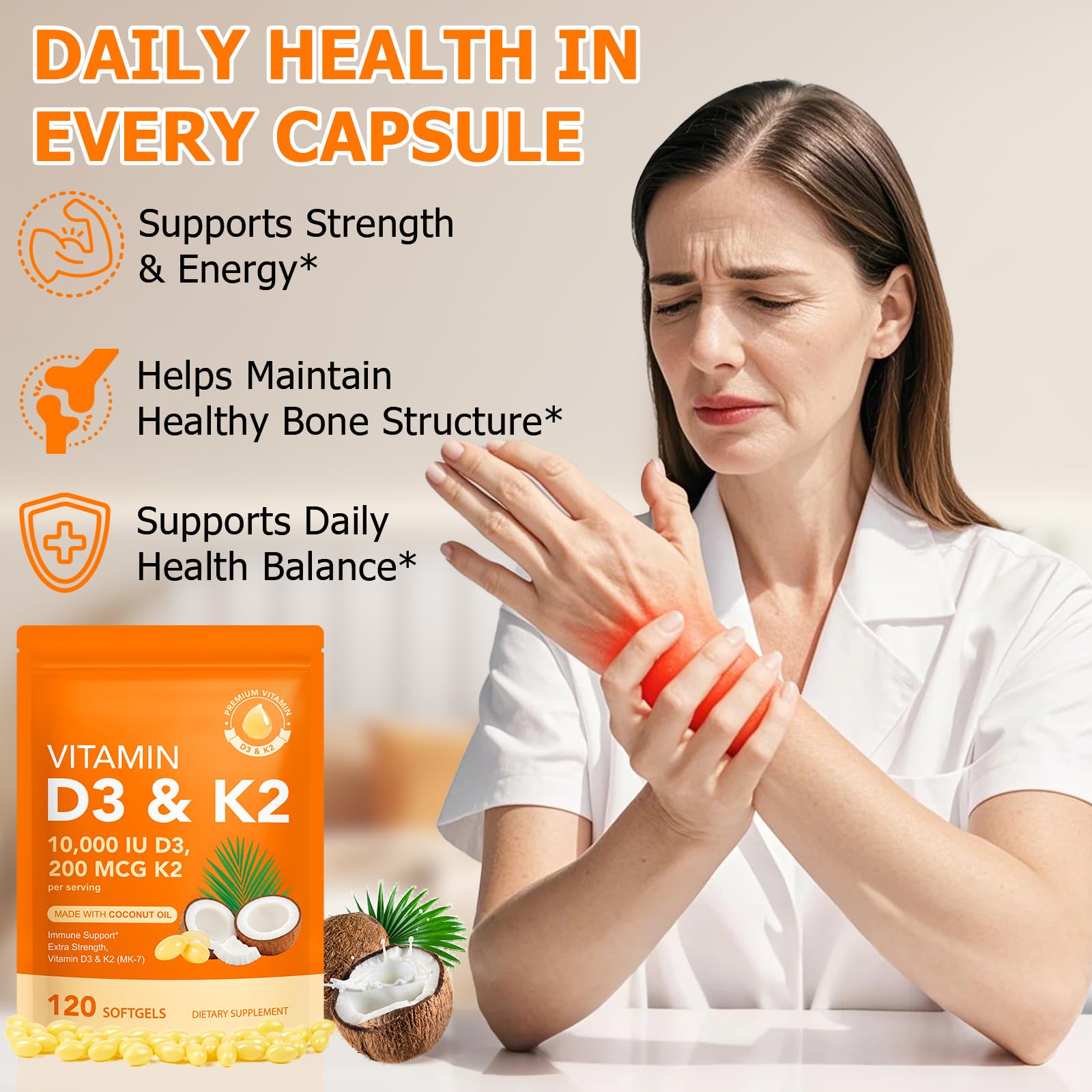 Vitamin D3 K2 with Coconut Oil - Vegan Vitamin D3 10000iu & Mk7 Vitamin K2 200mcg for Bone & Immune Support - Non-GMO, Soy Free - 120 Softgels