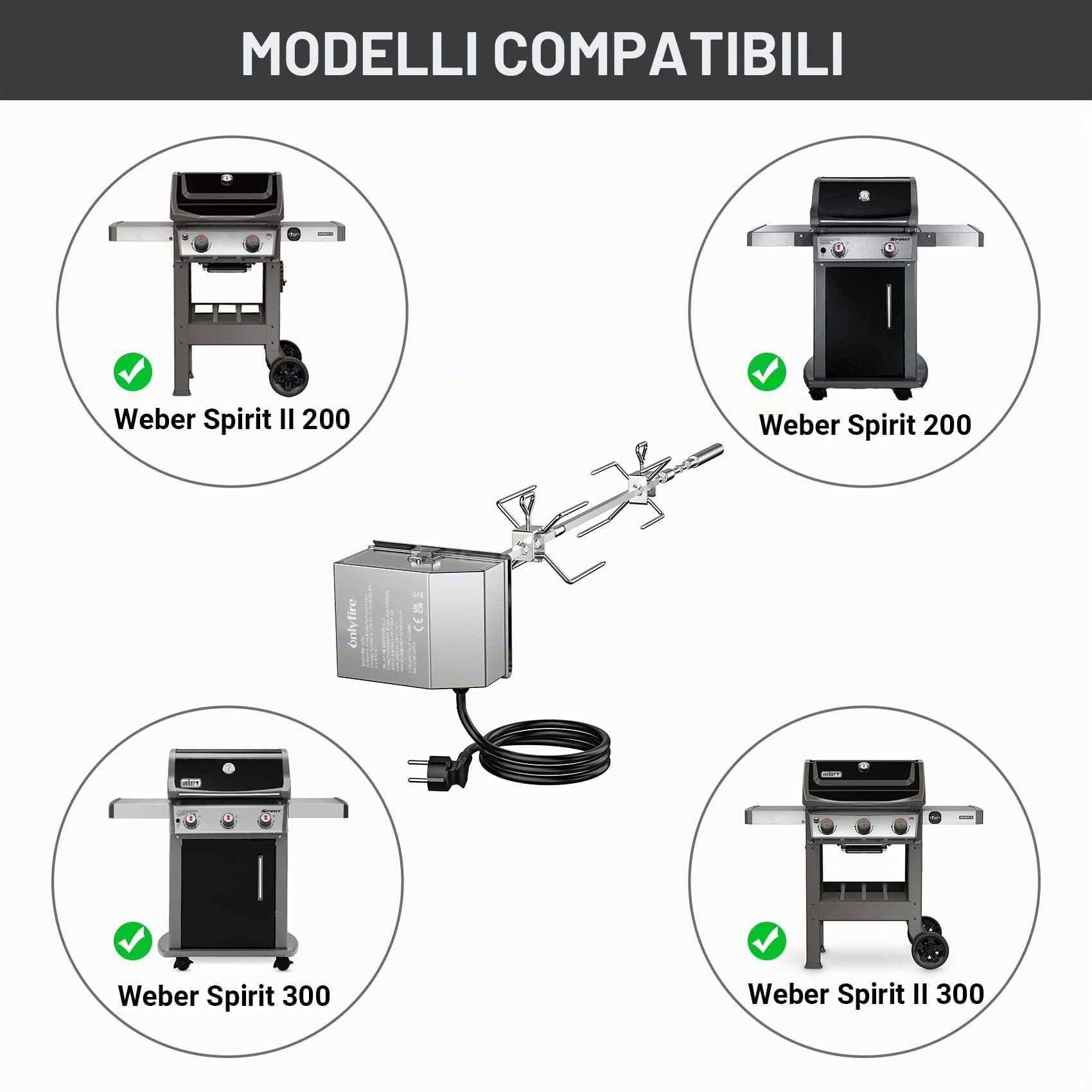 Onlyfire BRK-6045 Acciaio Inossidabile Grill Girarrosto Kit Si Adatta per Barbecue a gas Weber Spirit I&II Serie 200/300 e Spirit 2/3/4 Fuochi Barbecue a Gas (2025)