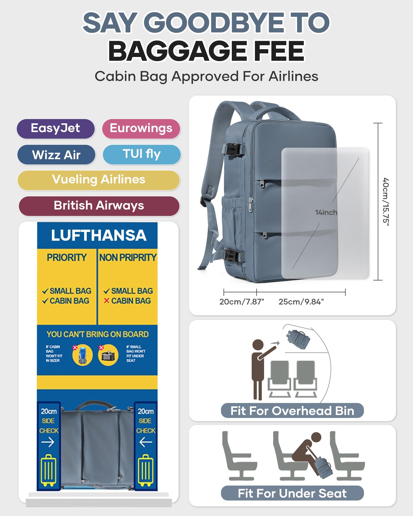 BJLFS Borse da Cabina per Ryanair 40x30x20 Zaino Wizzair Sottovuoto da viaggio 40x20x25 Bagaglio a Mano con compressione sottovuoto,Zaino Easyjet 45x36x20,Zaini Casual per laptop da 14 pollici