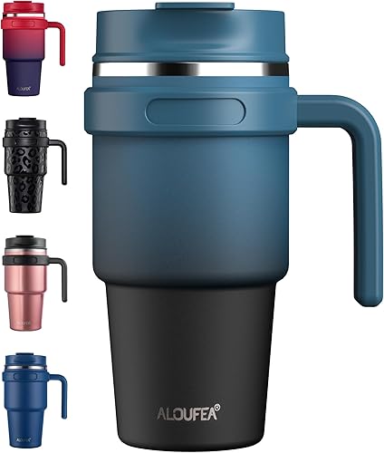 ALOUFEA Taza de café aislada de 20 onzas con asa, vaso de viaje de acero inoxidable con tapa y popote, taza térmica de doble pared al vacío a prueba