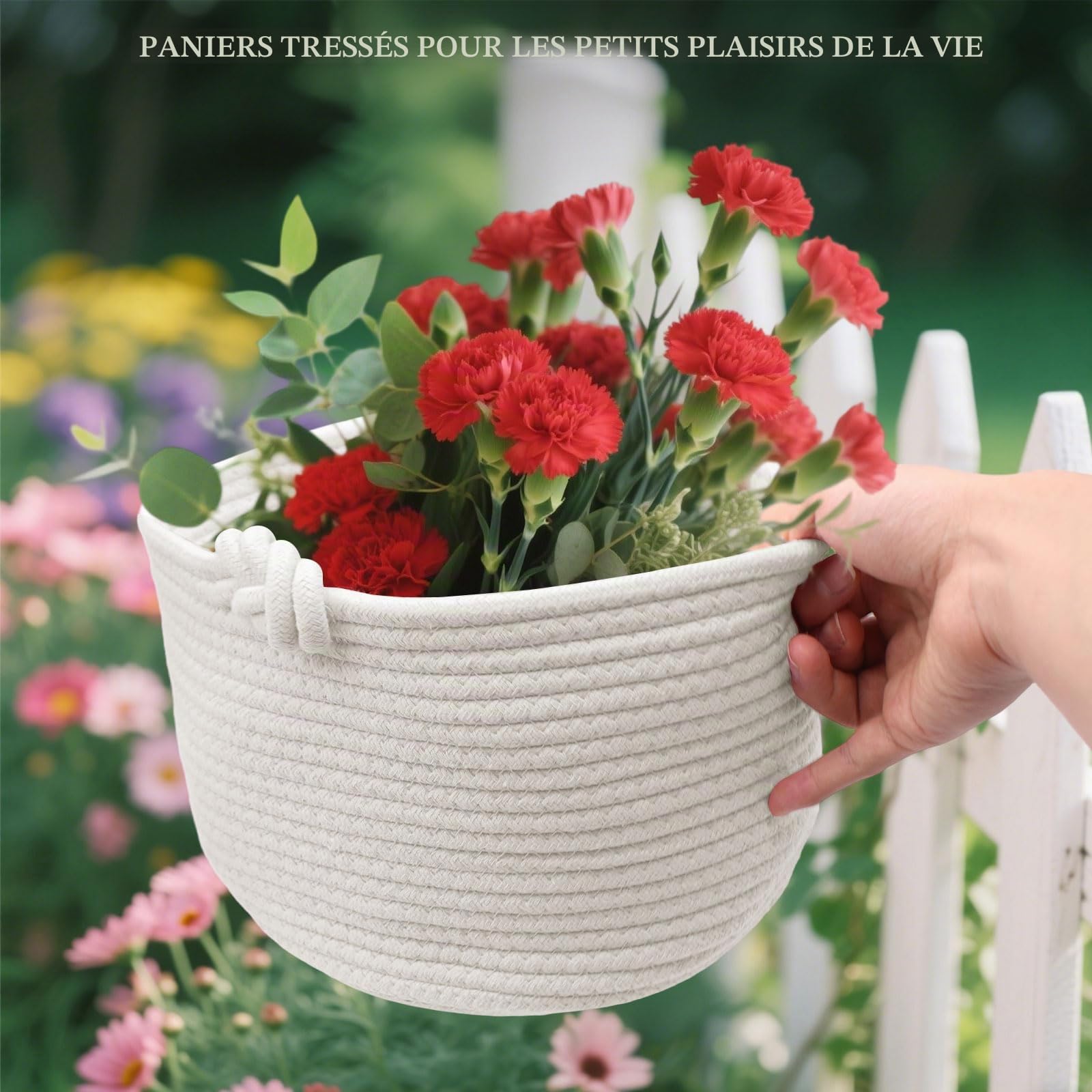 Panier Rangement, Panier de Rangement Tressés en Coton pour Chambre d'Enfant,Bain,Chambre, D 24 x H 18 cm (Blanc)