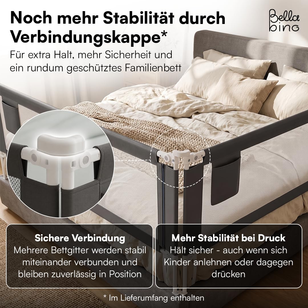 Bellabino Drina Rausfallschutz – Bettschutzgitter 180 cm Dunkelgrau – Bettgitter höhenverstellbar 69-99 cm – Baby Bettumrandung inkl. Seitentasche Schutzgitter mit Sicherheitsgurt Bett/Kinderbett