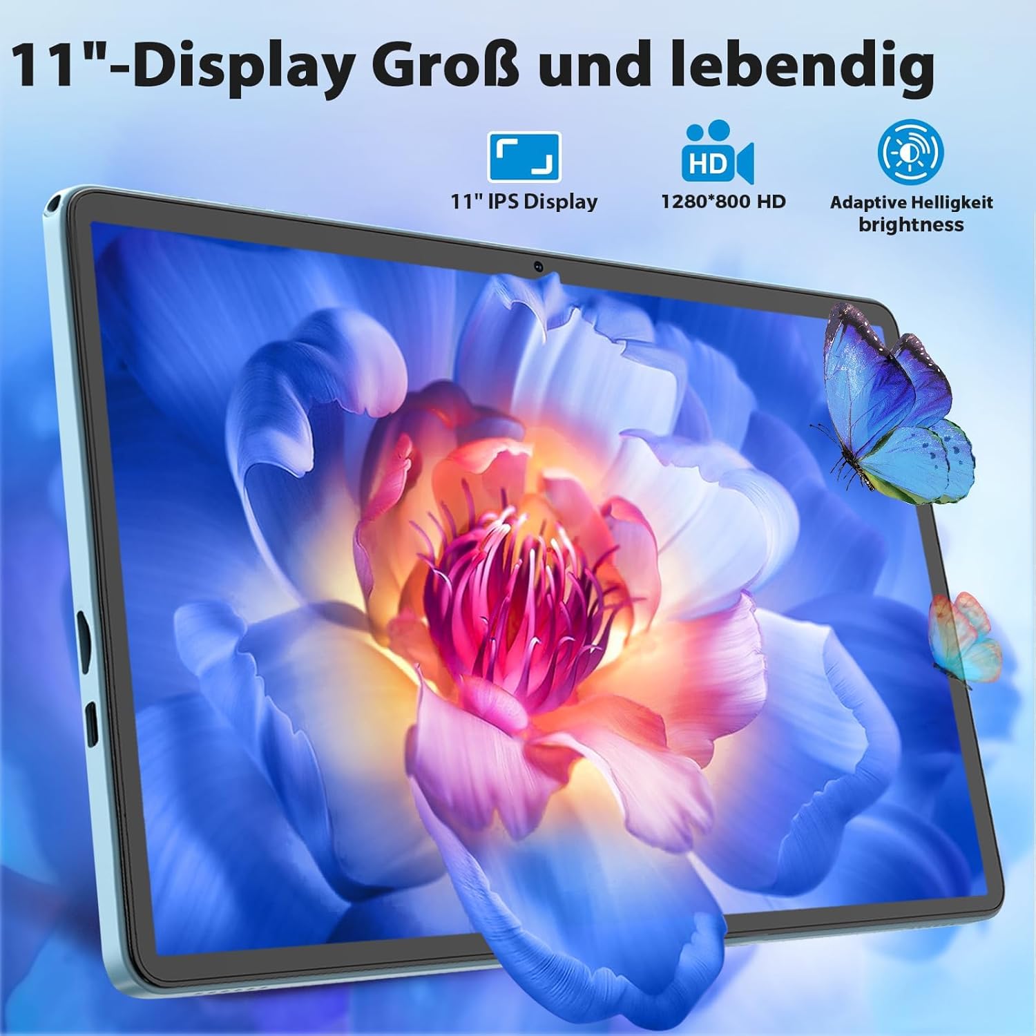 Close-up of the JJGJ tablet's 11-inch IPS display showing vibrant colors and HD resolution.