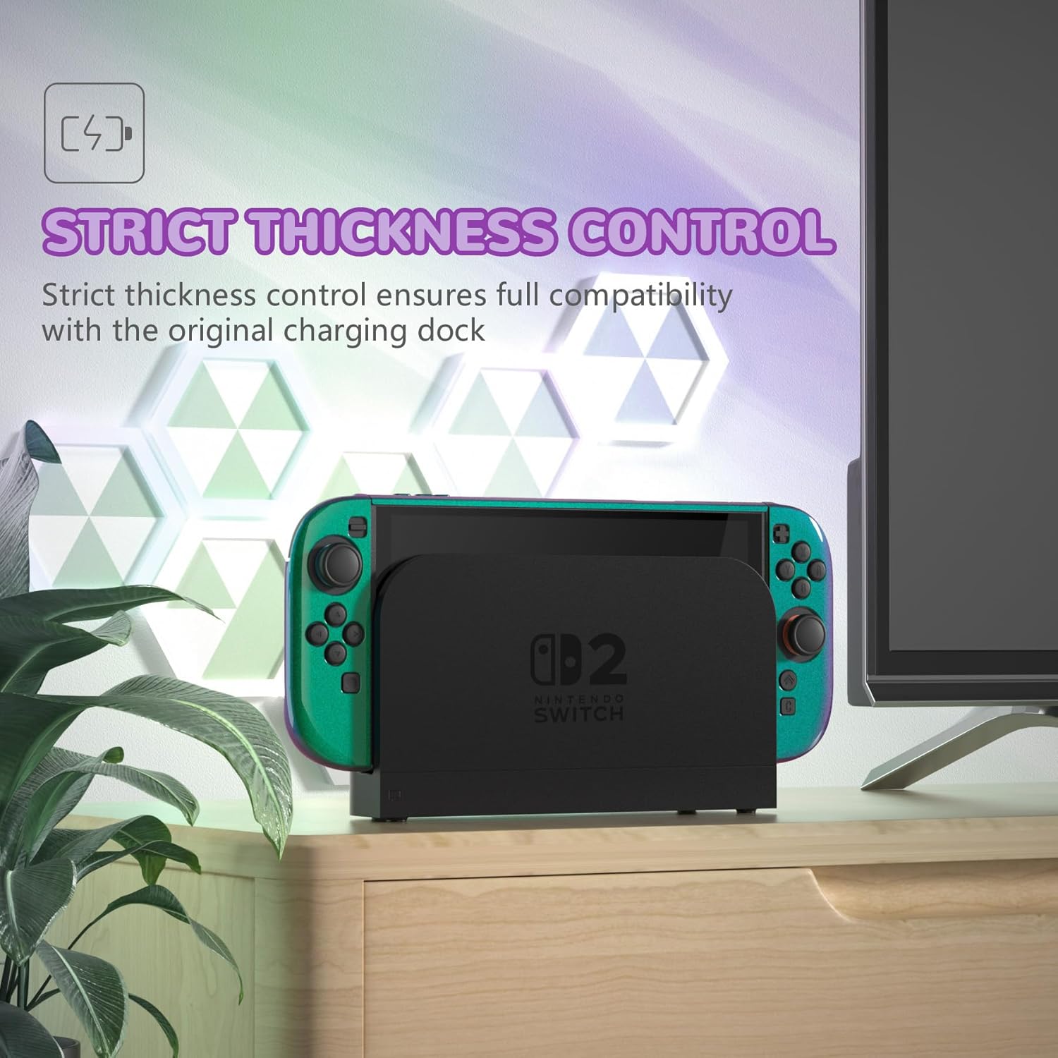 PlayVital Protective Case for Nintendo Switch 2 with Extra Stand & Thumb Grip Caps | Split Design, Dockable Hard Shell Cover for Nintendo Switch 2 | Solid Color Series, Chameleon Green Purple