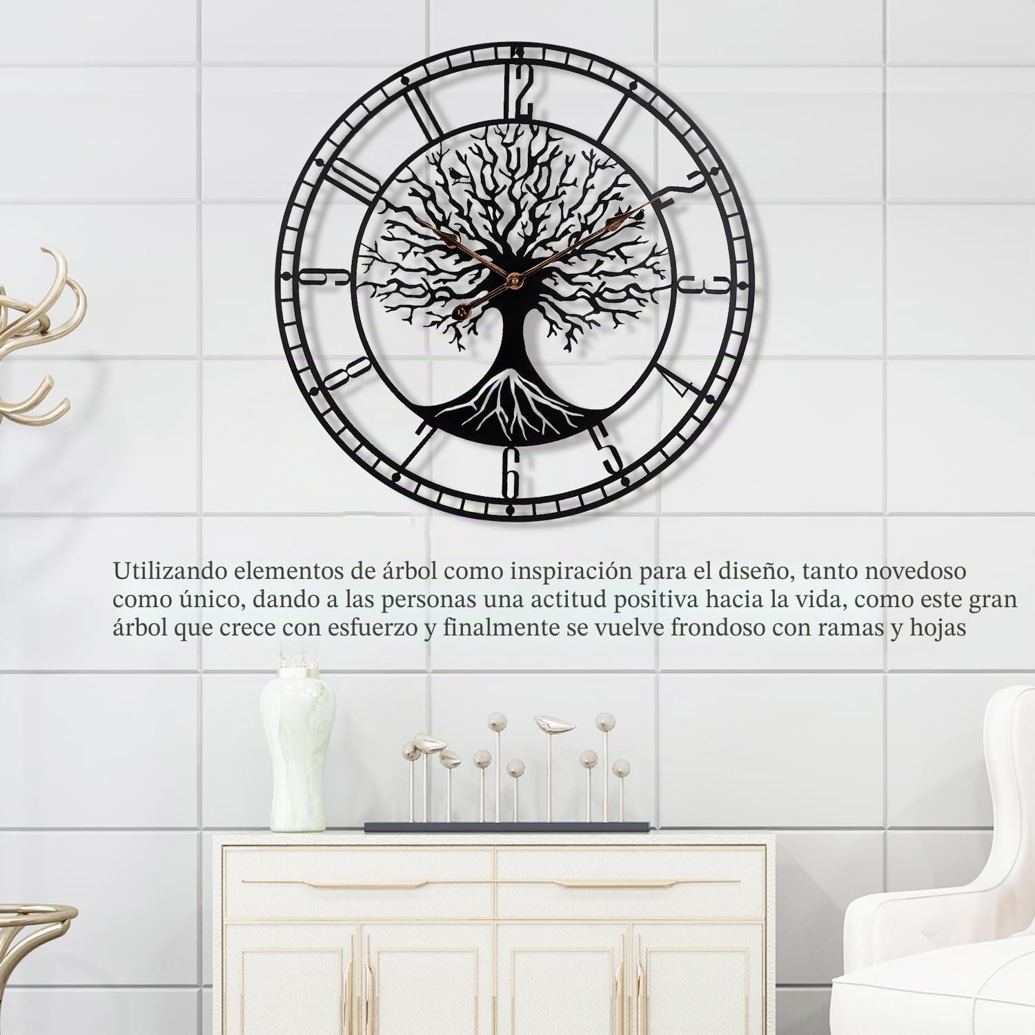 Gran Árbol de la Vida Reloj de Pared de Metal Negro Grande, Decoración del Hogar Sala de Estar con Números Silencioso Moderno de Medio Siglo
