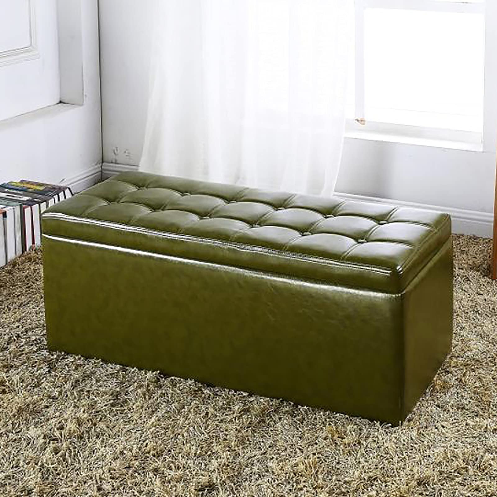 Ottoman repose-pieds capitonné vert en similicuir et structure bois