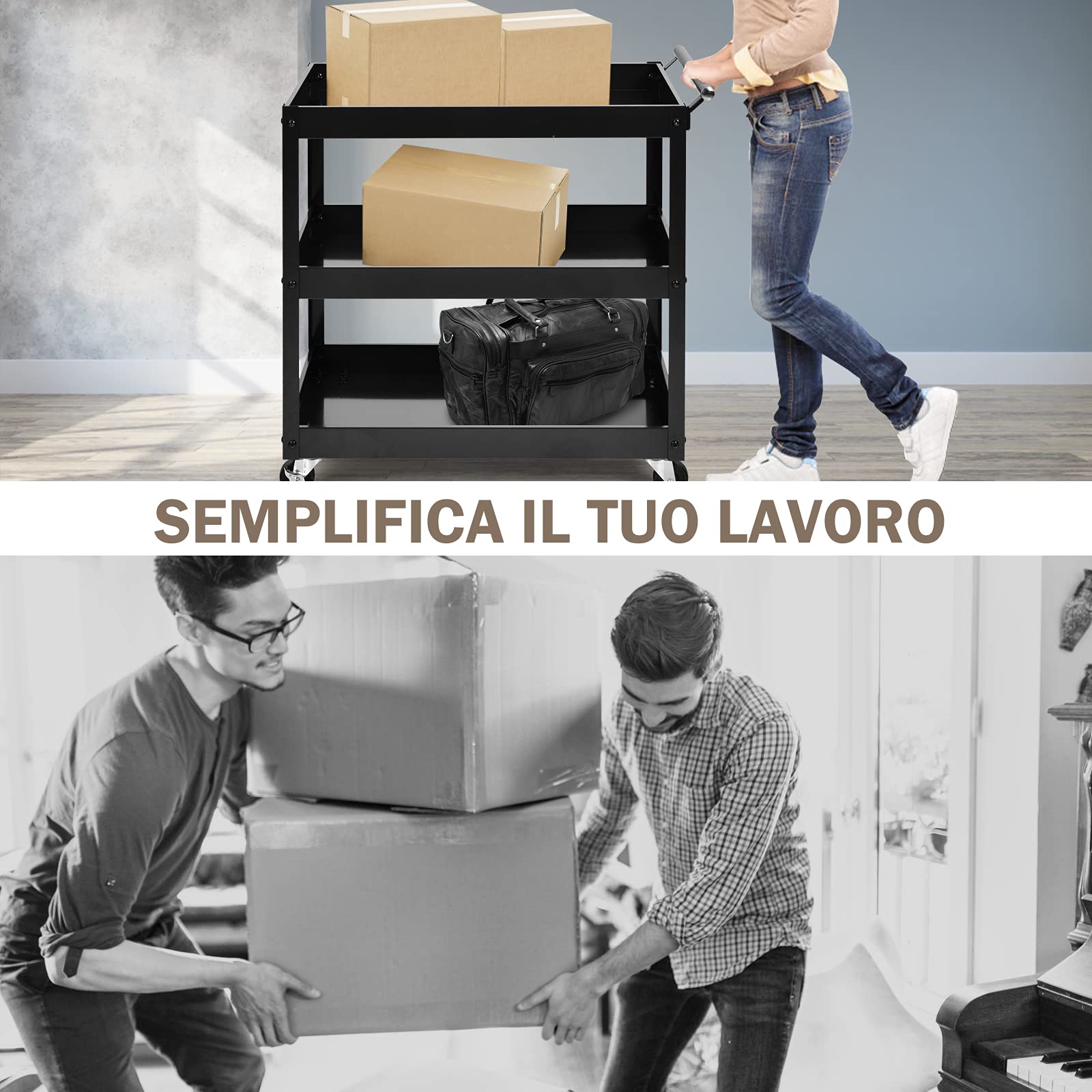 COSTWAY Carrello da Cucina con 3 Livelli, Carrellino Multifunzionale con Ruote Flessibili, Carrello di Servizio Resistente con Maniglia Comoda, Ideale per Ufficio Garage Magazzino Biblioteca (Nero)