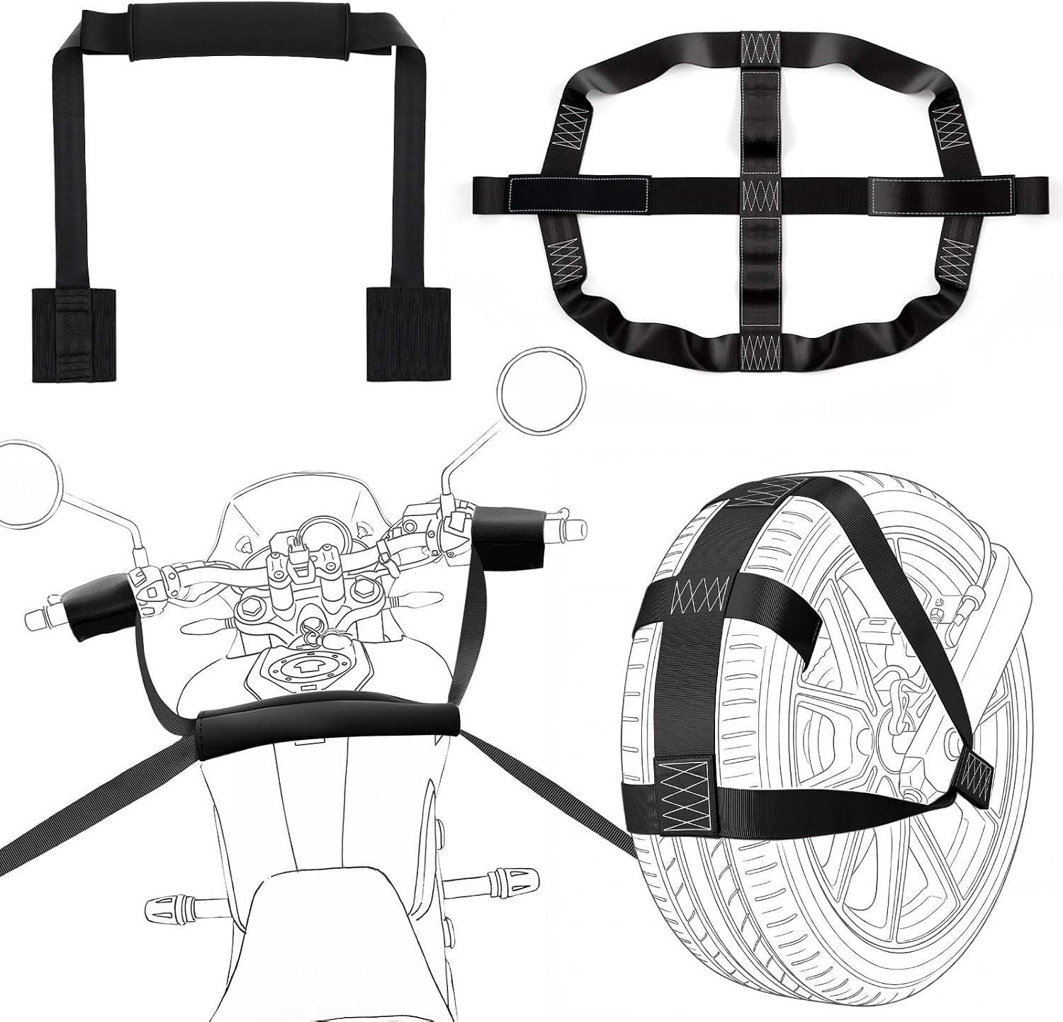 Outus Universal Motorcycle Transport Tie Down Straps Set Include Handlebar Straps for 32" Handlebars and Adjustable Motorcycle Rear Wheel Tie Down Strap for Mopeds, Scooters(Black)