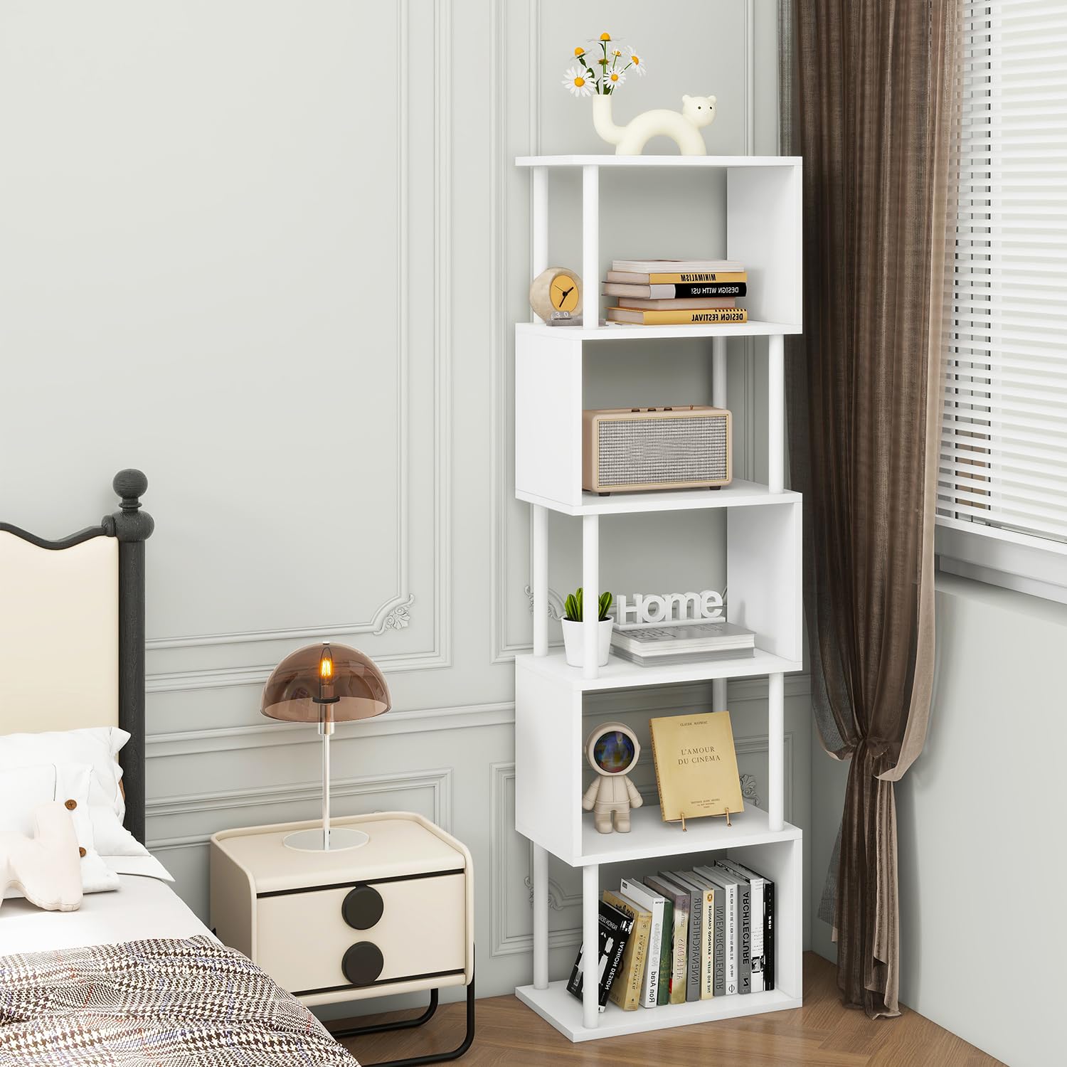 IBUYKE Libreria alta a 5/6 ripiani, libreria geometrica a forma di S, ripiani in legno con contenitore, libreria moderna per soggiorno, camera da letto, ufficio domestico, bianco WBC016W