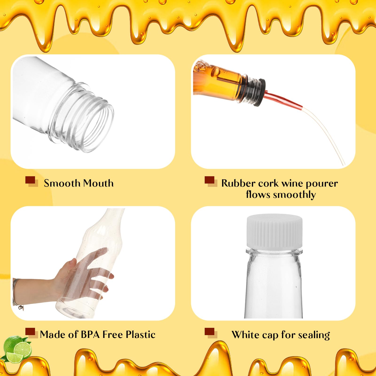 Dandat Bottiglie in plastica a collo lungo, con versatore e tappi, in plastica, con beccuccio affusolato in acciaio inox, per conservare liquori e succhi (oro rosa, 20 pezzi)