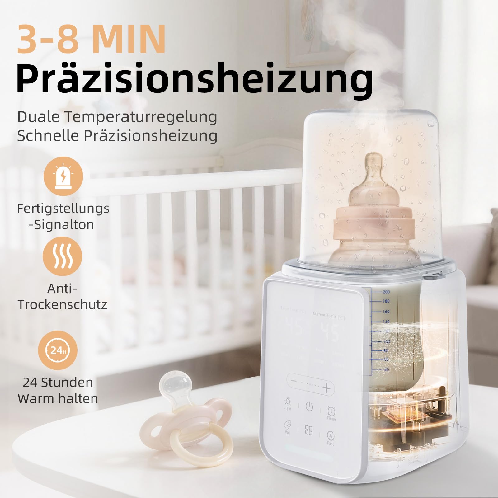 Calentador de leche materna 8 en 1 con luz nocturna, calentamiento rápido y esterilizador, adecuado para todos los biberones con leche materna o fórmula infantil