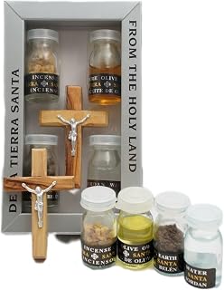 Handmade Holy Land 6"/15.5cm Olive Wood Crucifix Cross Christian Gift Set Symbols: Olive Oil, Holy Water, Incense, Bethlehem Soil Earth Blessing Kit