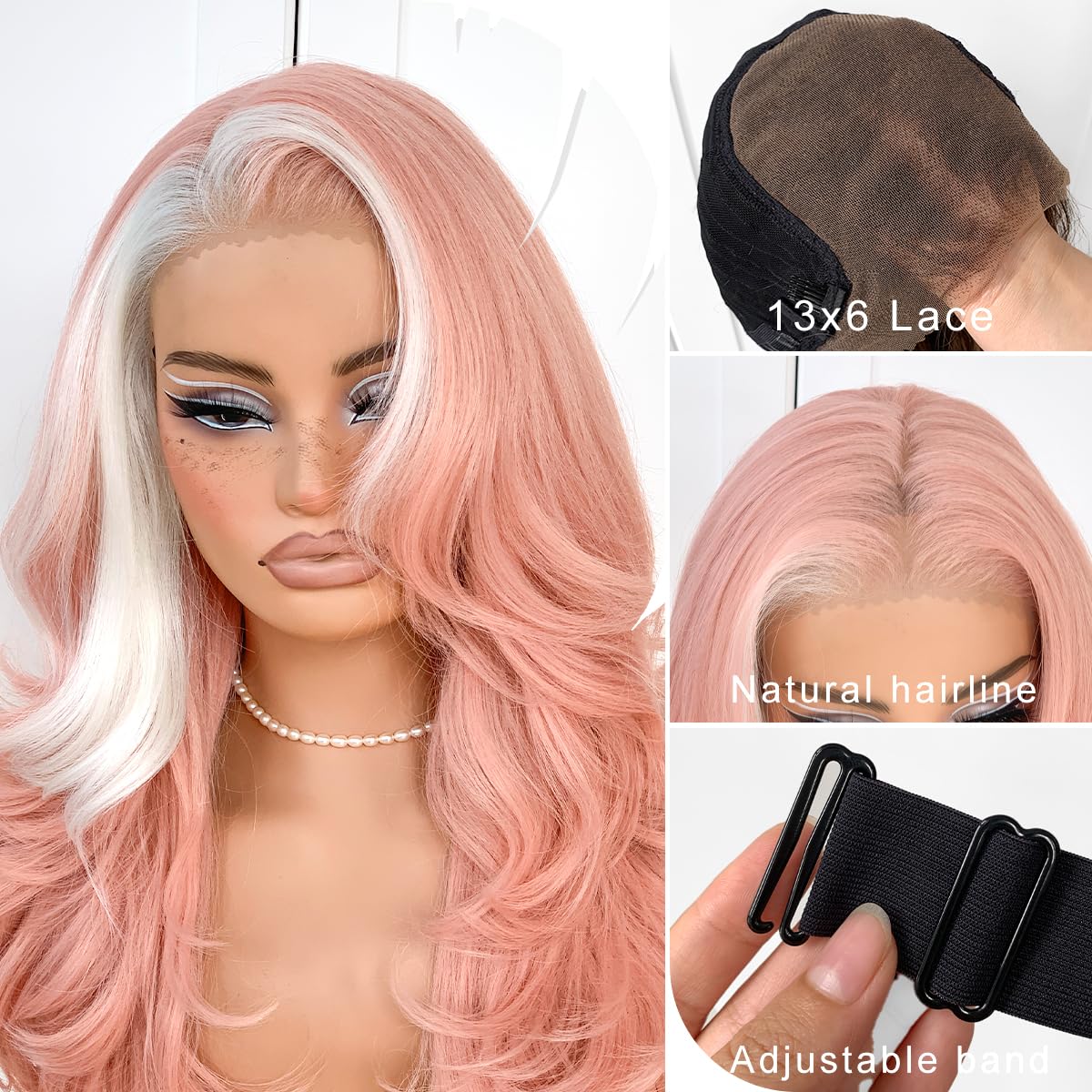 Pink Skunk Stripe Voluminous Feather Layered Hair Flip Out Preplucked Precision-Precut-cut Ready-to-Go Glueless 13x6 HD Synthetic Lace Front Wig