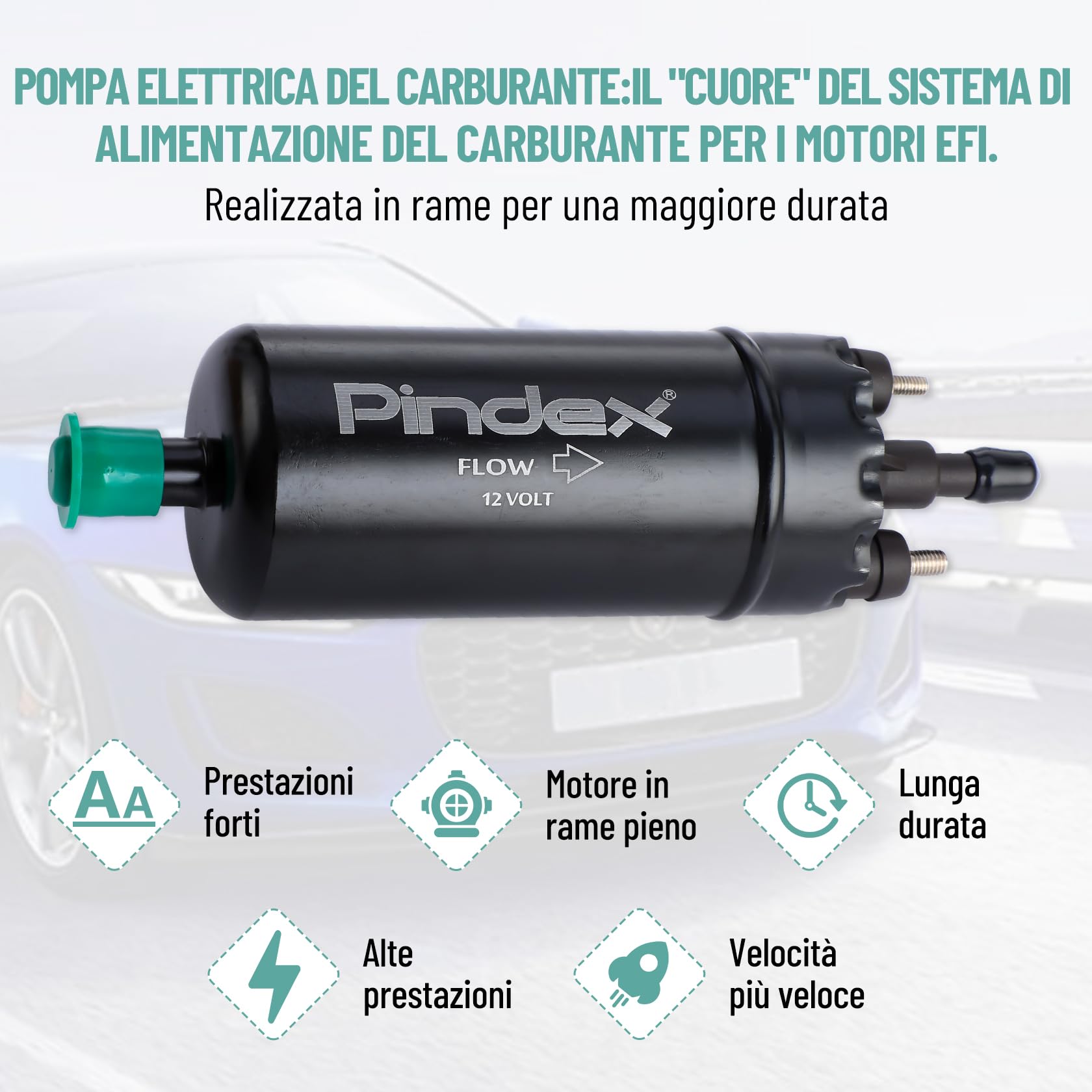 Pindex 0580464070 Pompa Elettrica per Carburante 12 V Ad Alta Pressione In Linea con Supporto Antiurto per Motore Auto,125 PSI 8.5 Bar,Nero