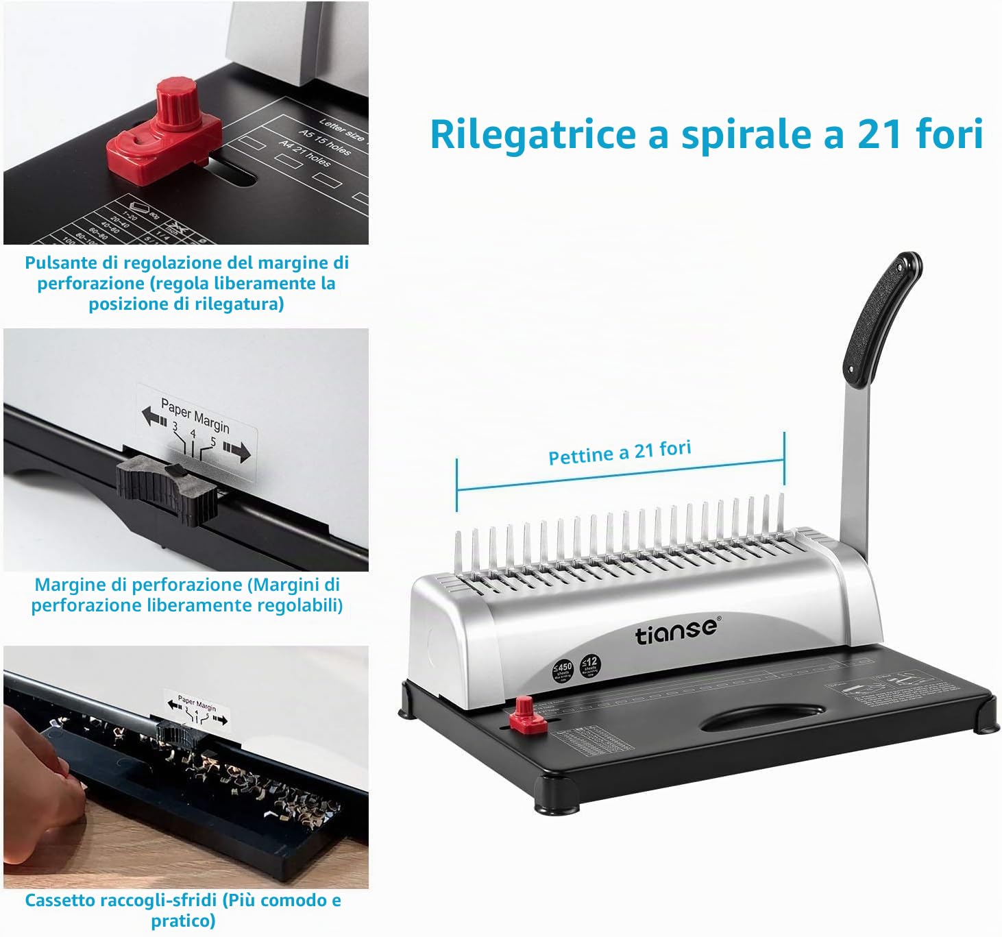 Rilegatrice a 21 fori, 450 fogli, rilegatura a spirale con kit di avviamento, 100 spine per rilegatura a pettine da 3/8", perfetta per documenti quotidiani in ufficio