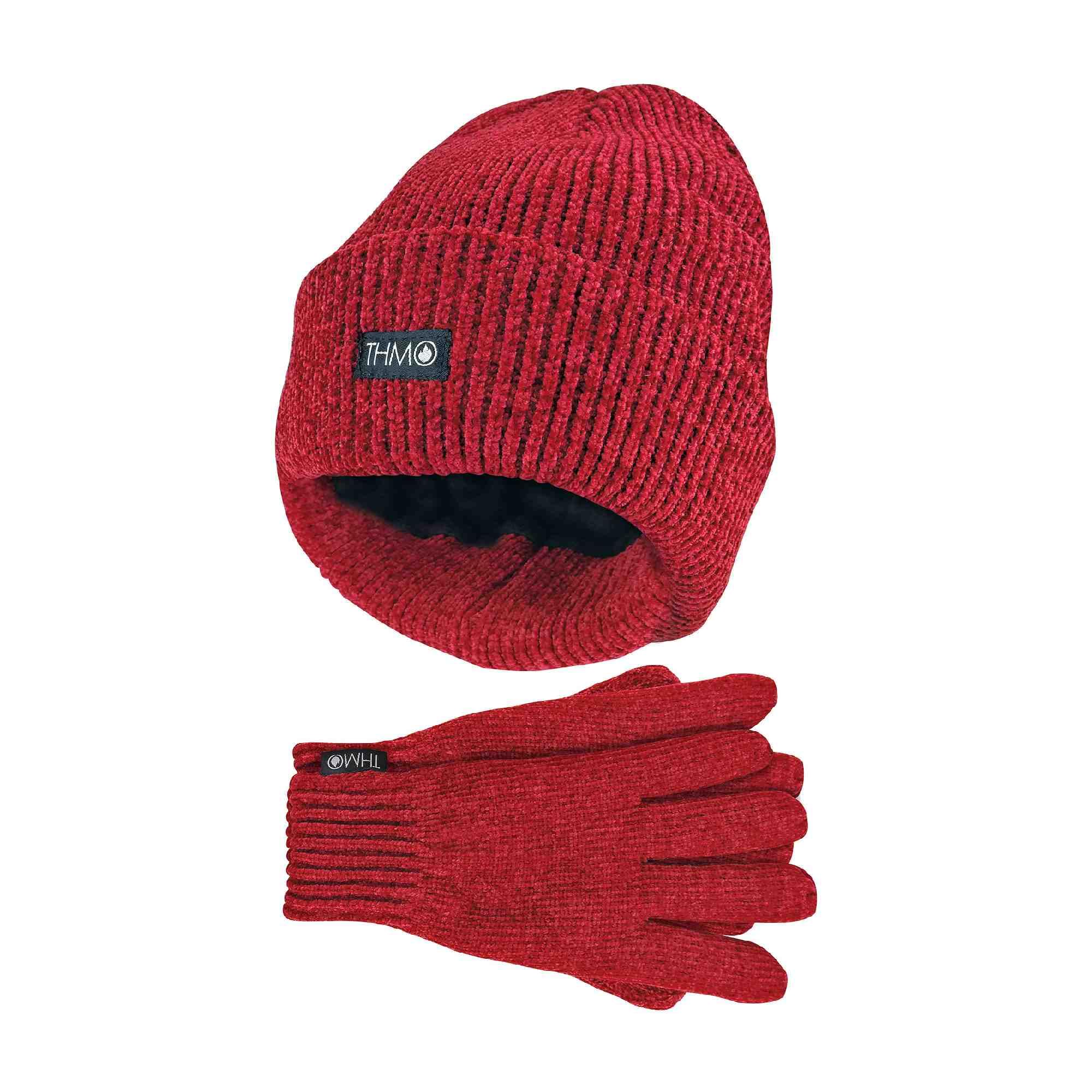 Thmo Women's Red Thinsulate Hat And Gloves Set Soft Chenille Ribbed Beanie Hat & Gloves For
