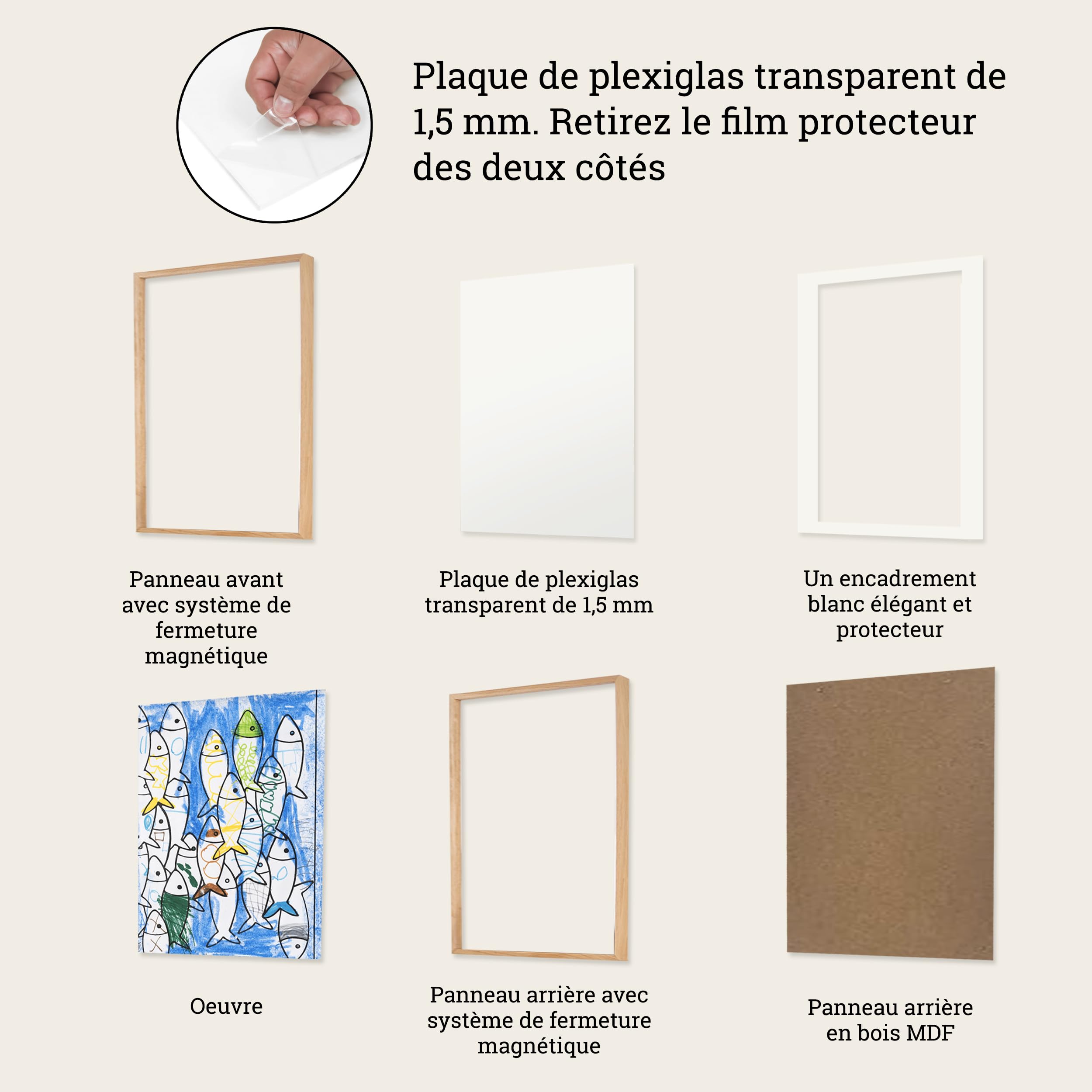 Lot de 2 cadres photo A4 pour enfants - Design naturel, support intégré, clips, fermetures magnétiques et bandes élastiques pour ranger les dessins - Chêne naturel