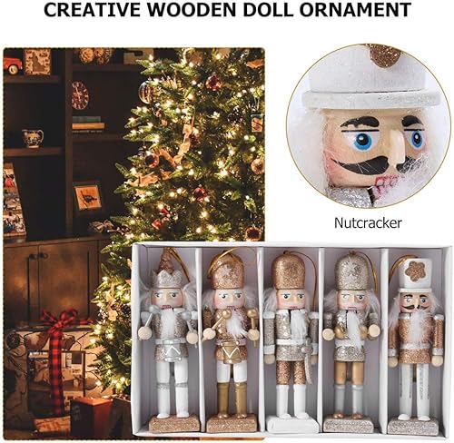 Miniatura 7 de DECHOUS Juego de 5 cascanueces de Navidad dorados de 5 pulgadas adornos de madera de Navidad para colgar cascanueces con purpurina para árbol de