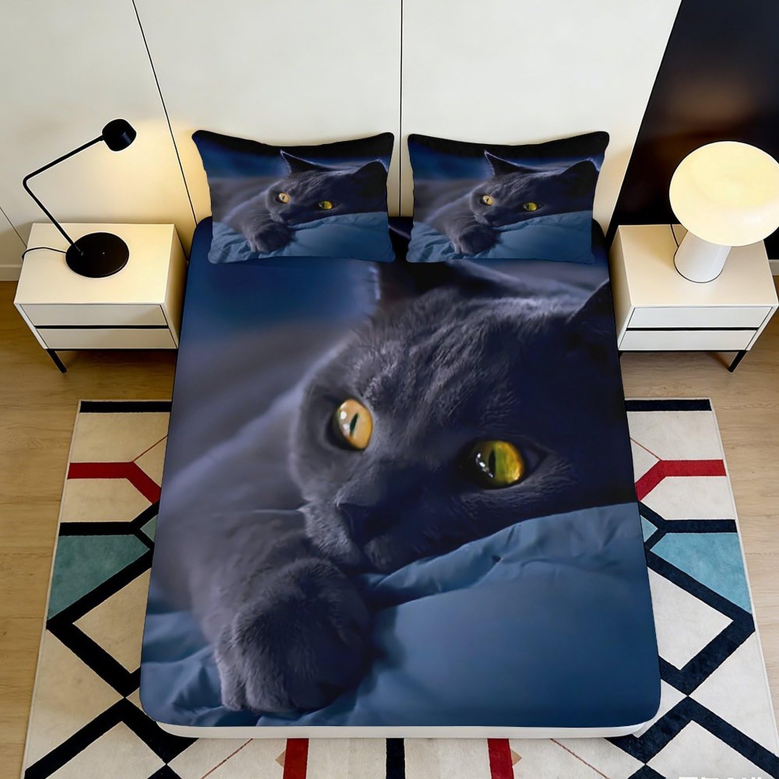 Jqzkxnhpbr Style-9 3D Printed Grey Cat Fitted Sheet Microfiber Soft Anti-Slip Yellow Eyes Bed Cover For Bedroom Guestroom Dorm 90X200x25cm
