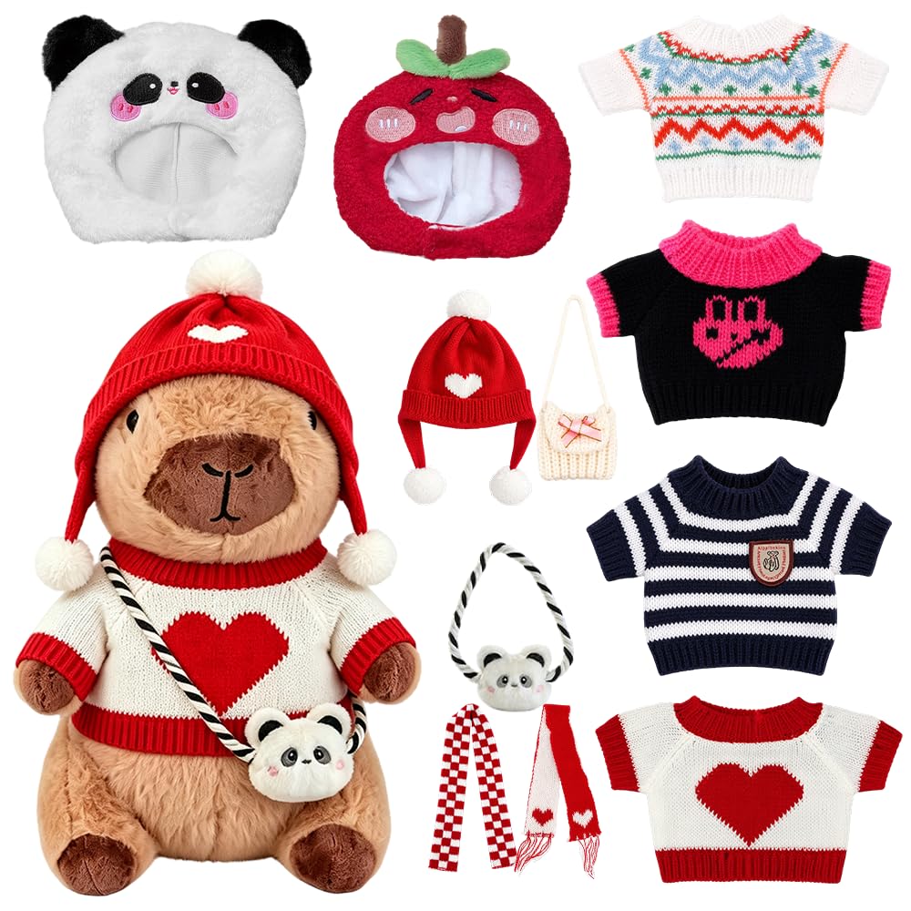 12 Pcs Capybara Plush Toy, 27cm Capybara Stuffed Animal with 10 Clothes and Accessories, Super Soft Capybara Toys for Kids Girls Boys, Role Play Dress Up Gifts Christmas Halloween Back-to-School Red