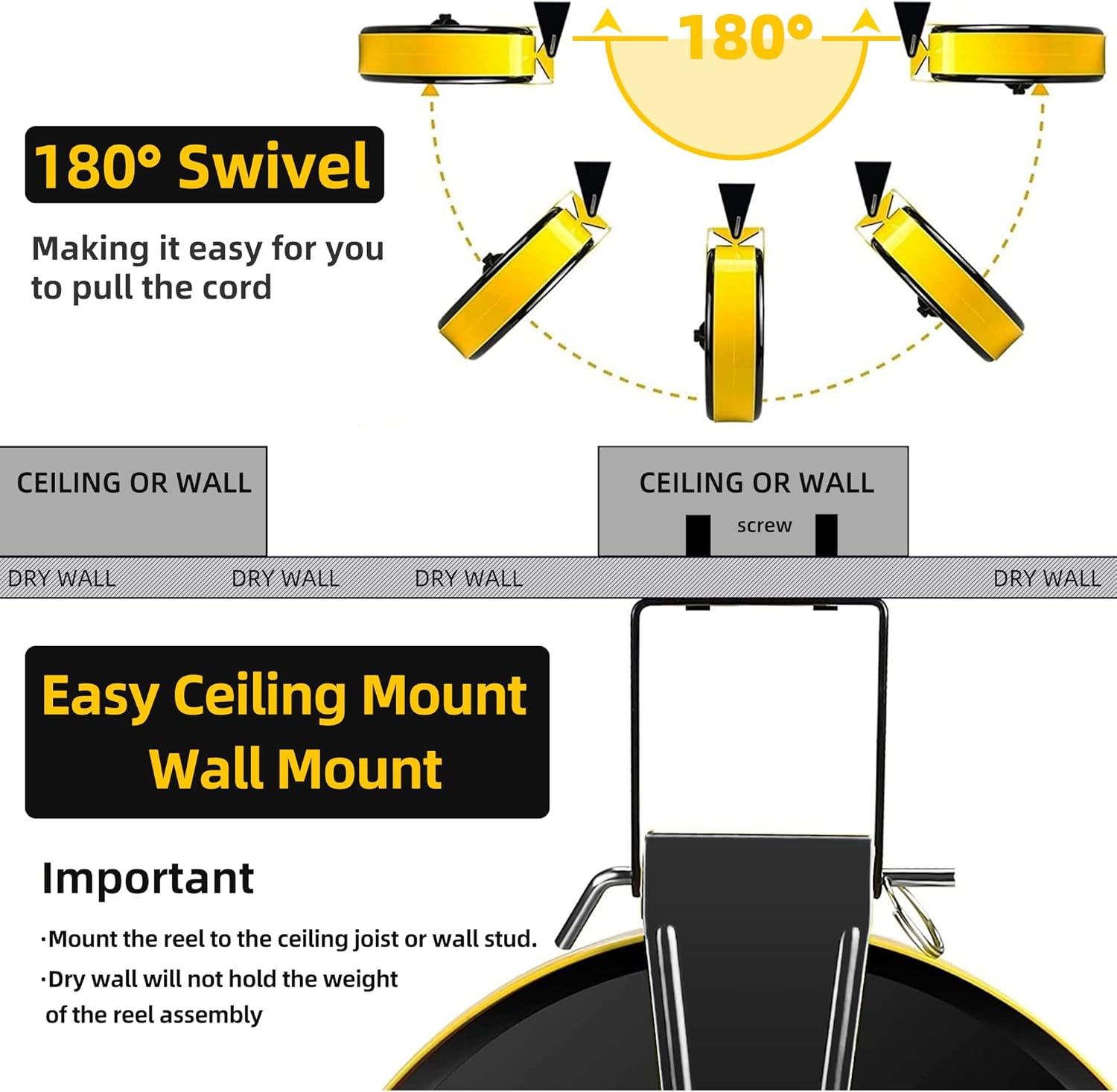 30 Ft Retractable Extension Cord Reel with 3 Electrical Power Outlets - 16/3 SJTW Power Cord,10 AMP Circuit Breaker - Ceiling or Wall Mount for Garage,UL Listed,Yellow