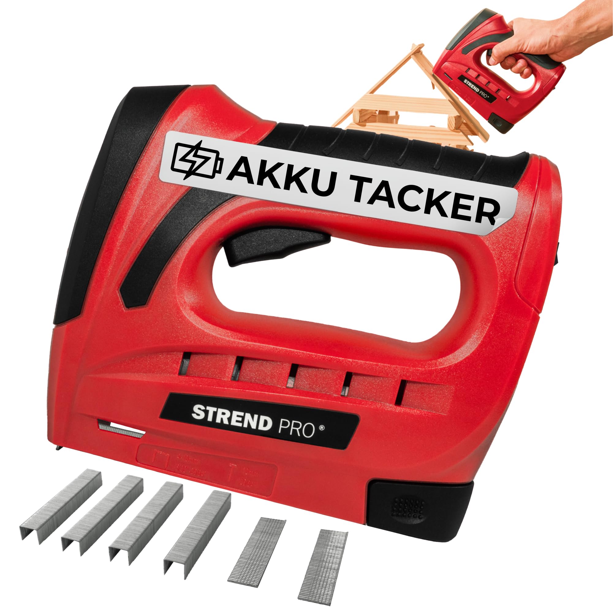 STREND PRO Akku Tacker 1,5Ah Tackerpistole Klammern Typ 53 (4-10 mm) Nägel Typ C1 (10mm) inkl. 400 Klammern 100 Nägel