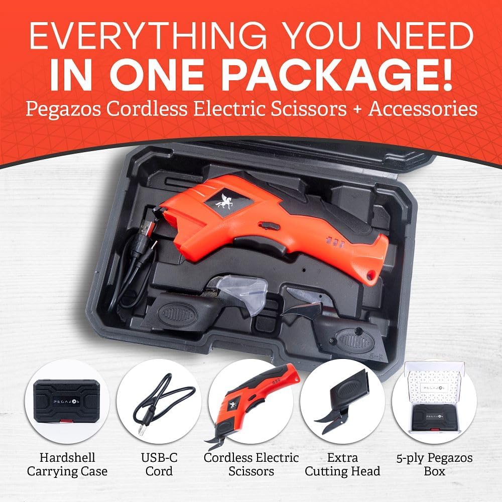 Cordless Electric Scissors - Rechargeable Cutting Tool for Fabric, Cardboard, Plastic, Paper, Leather - Detachable Blade, Ergonomic Grip, Safety Lock - Includes 2 Extra Cutter Head & USB Cable