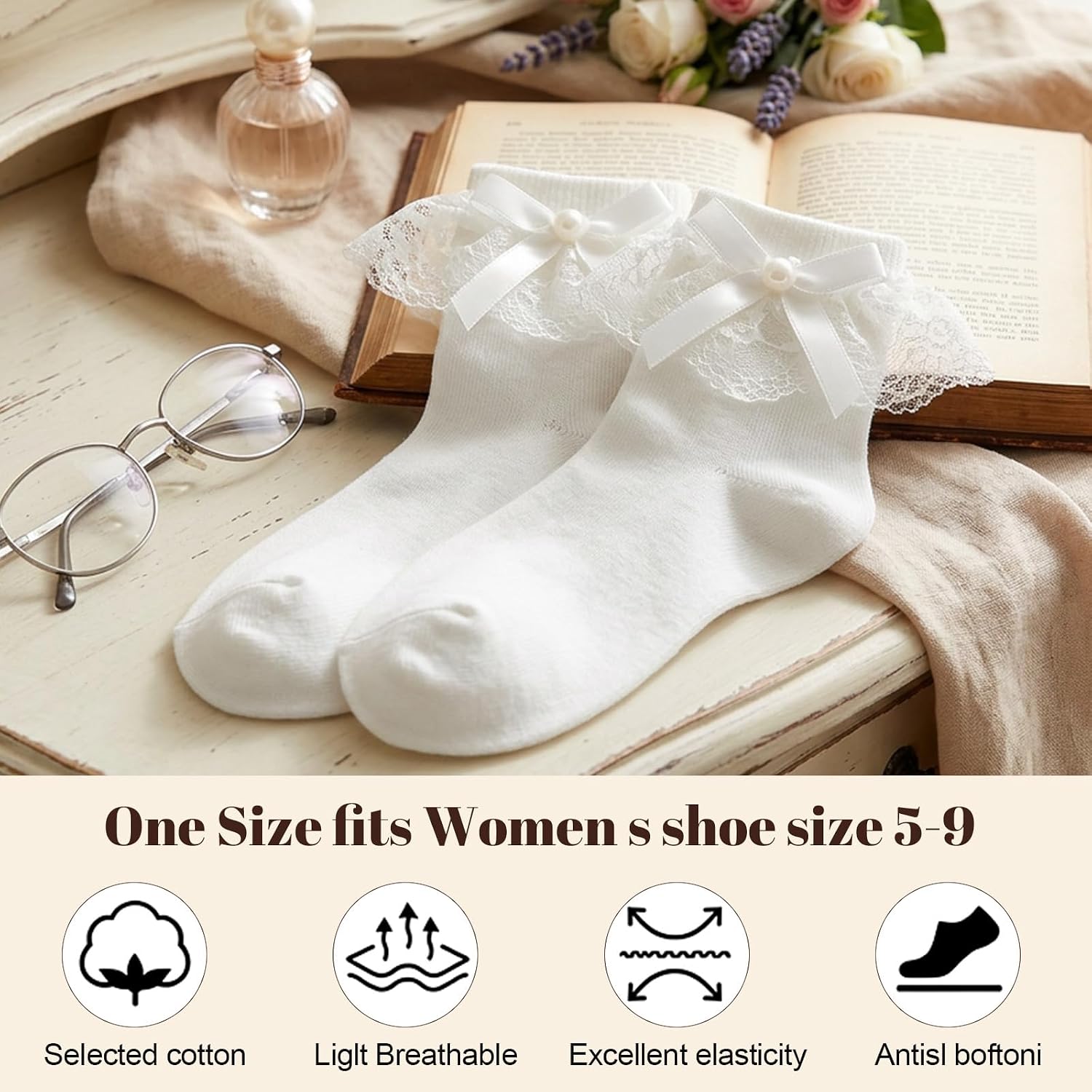 1 Pair White Ruffle Socks for Women Cute Lace Frilly Socks Soft Lolita Ankle Socks with Bow Breathable Thin Cool Women's Ruffled Socks for All Seasons