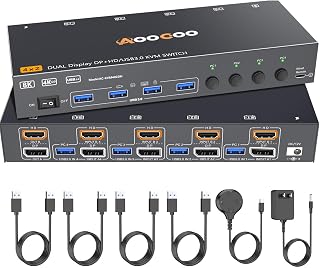 HDMI Displayport KVM Switch 4 Computers 2 Monitors, 8K@60Hz/4K@144Hz Dual Monitor KVM Switch for 4 PCs Share 2 Monitors, with 4 USB3.0 Ports, USB Cables and Power Adapter,Black 15cm HDMI DP KVM