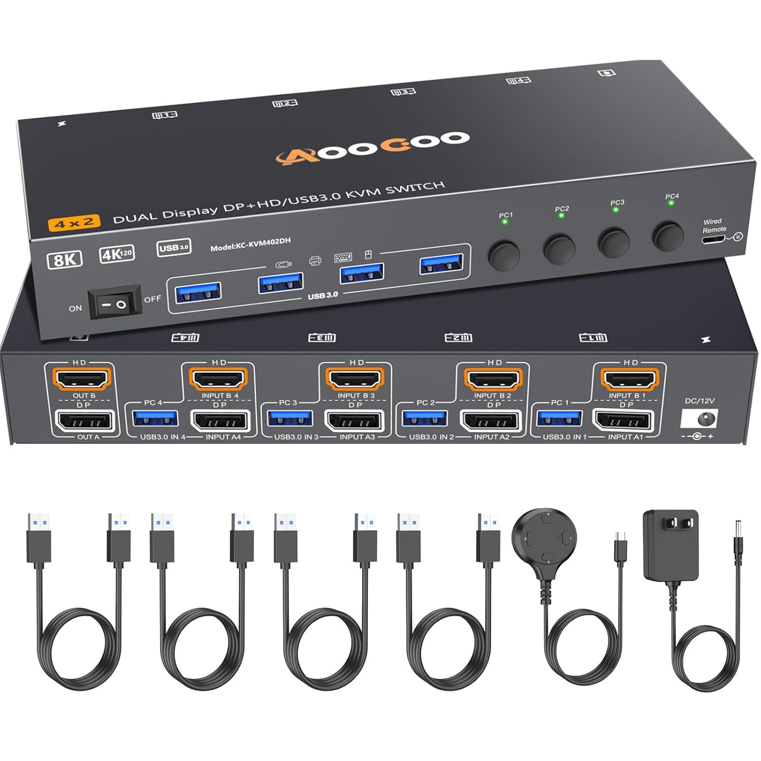 HDMI Displayport KVM Switch 4 Computers 2 Monitors, 8K@60Hz/4K@144Hz Dual Monitor KVM Switch for 4 PCs Share 2 Monitors, with 4 USB3.0 Ports, USB Cables and Power Adapter,Black 15cm HDMI DP KVM