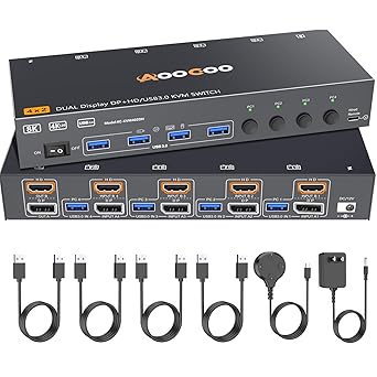 HDMI Displayport KVM Switch 4 Computers 2 Monitors, 8K@60Hz/4K@144Hz Dual Monitor KVM Switch for 4 PCs Share 2 Monitors, with 4 USB3.0 Ports, USB Cables and Power Adapter,Black 15cm HDMI DP KVM