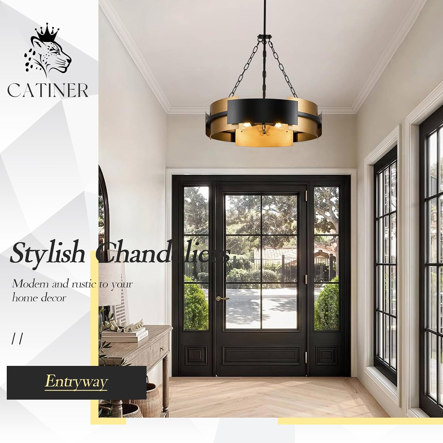 CATINER Modern Chandelier 24" Black Gold Industrial Drum Light Fixture 6-Light Metal Hanging Chandelier for Living Dining Room Foyer Entryway Kitchen