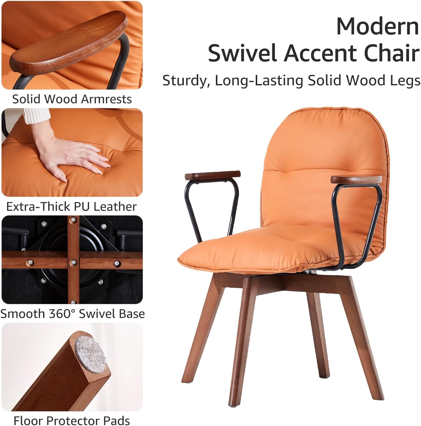 zyz Mid Century Modern Accent Chair, Solid Wood Arms & Legs, 360° Swivel Desk Chair No Wheels, Upholstered Vanity Chair, PU Leather Armchair for Home Office Living Room Bedroom (Brown, Set of 1)