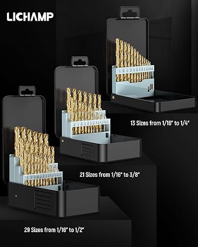 Miniatura 7 de Lichamp Juego de brocas HSS de 13 piezas, brocas de acero de alta velocidad con revestimiento de titanio de 116 a 14 pulgadas para metal, acero,